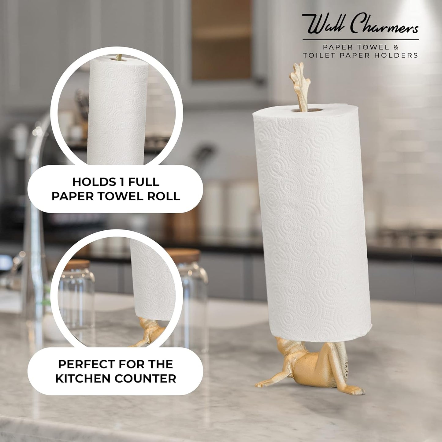 Gold Paper Towel Holder, Metal Toilet or Kitchen Paper Holder for Floor or Countertop, Gold Frog
