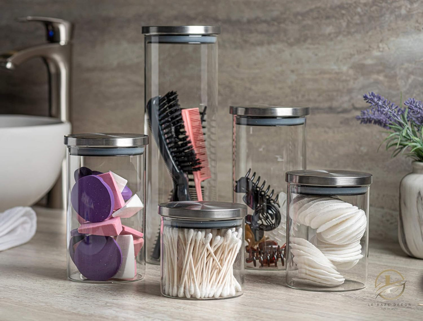 Set of 5 Glass Kitchen Canisters with Airtight Stainless-Steel Lid - Dishwasher Safe