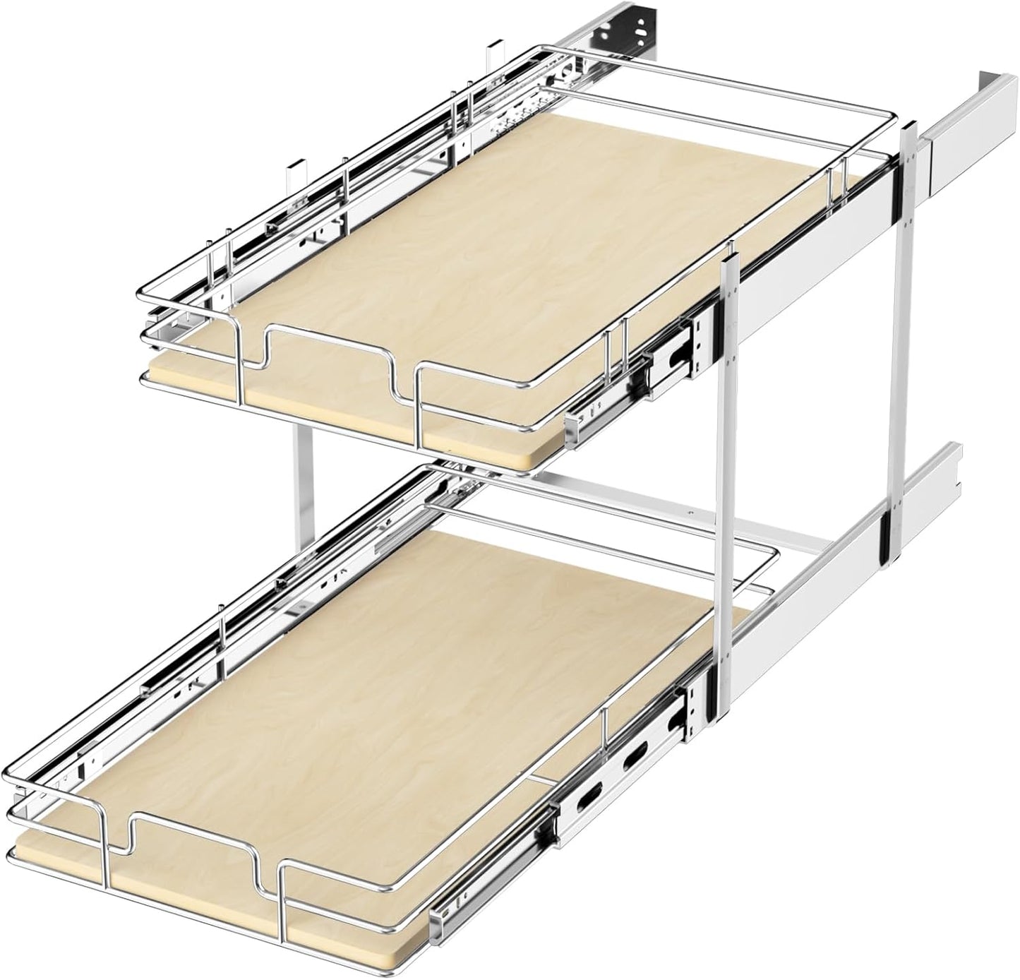 2 Tier Individual Pull Out Cabinet Organizer 10½"W x 21½"D, Slide Out Wood Shelves Organizers