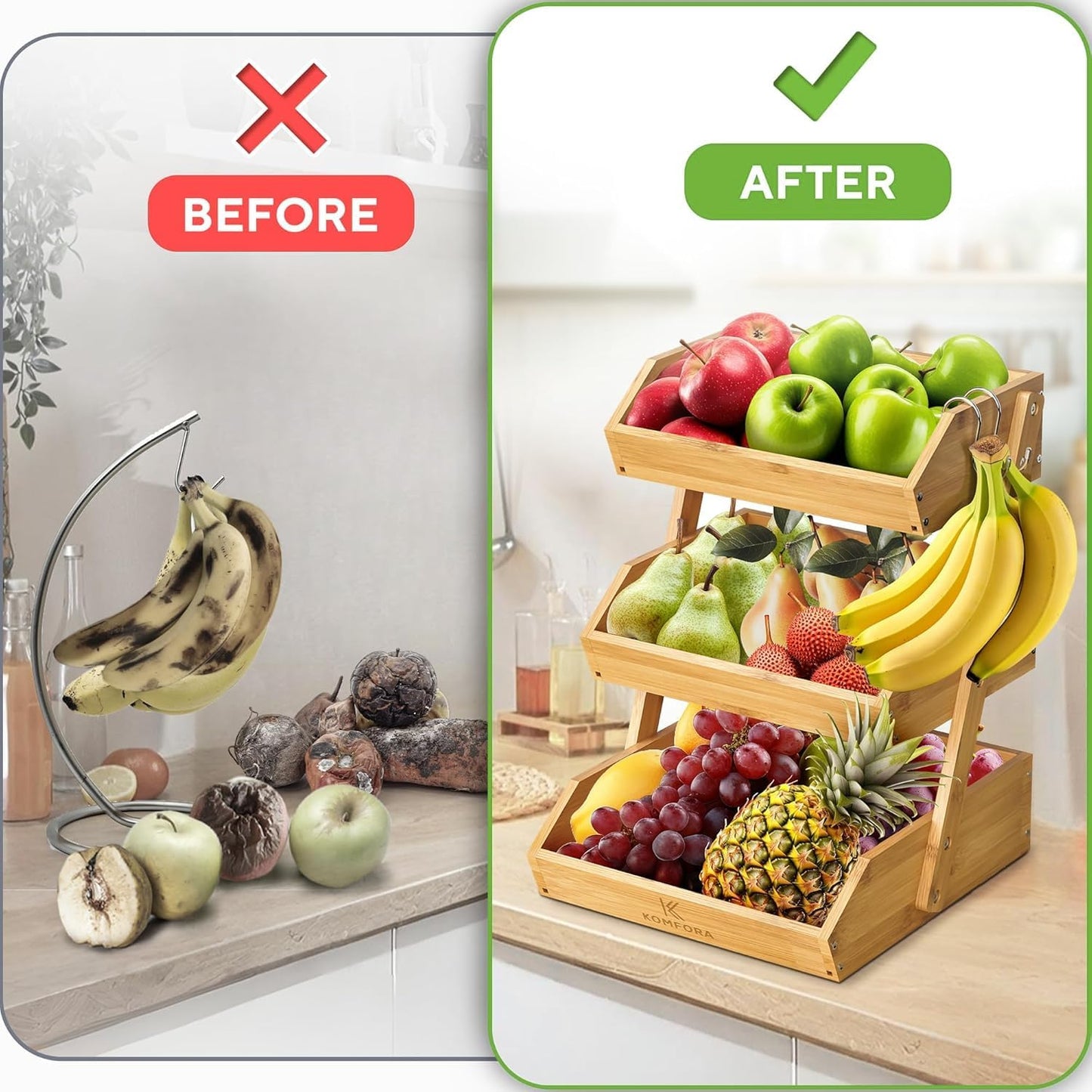 Bamboo Fruit Basket 3-Tier - Premium Produce Basket for Kitchen w/ 2 Hangers