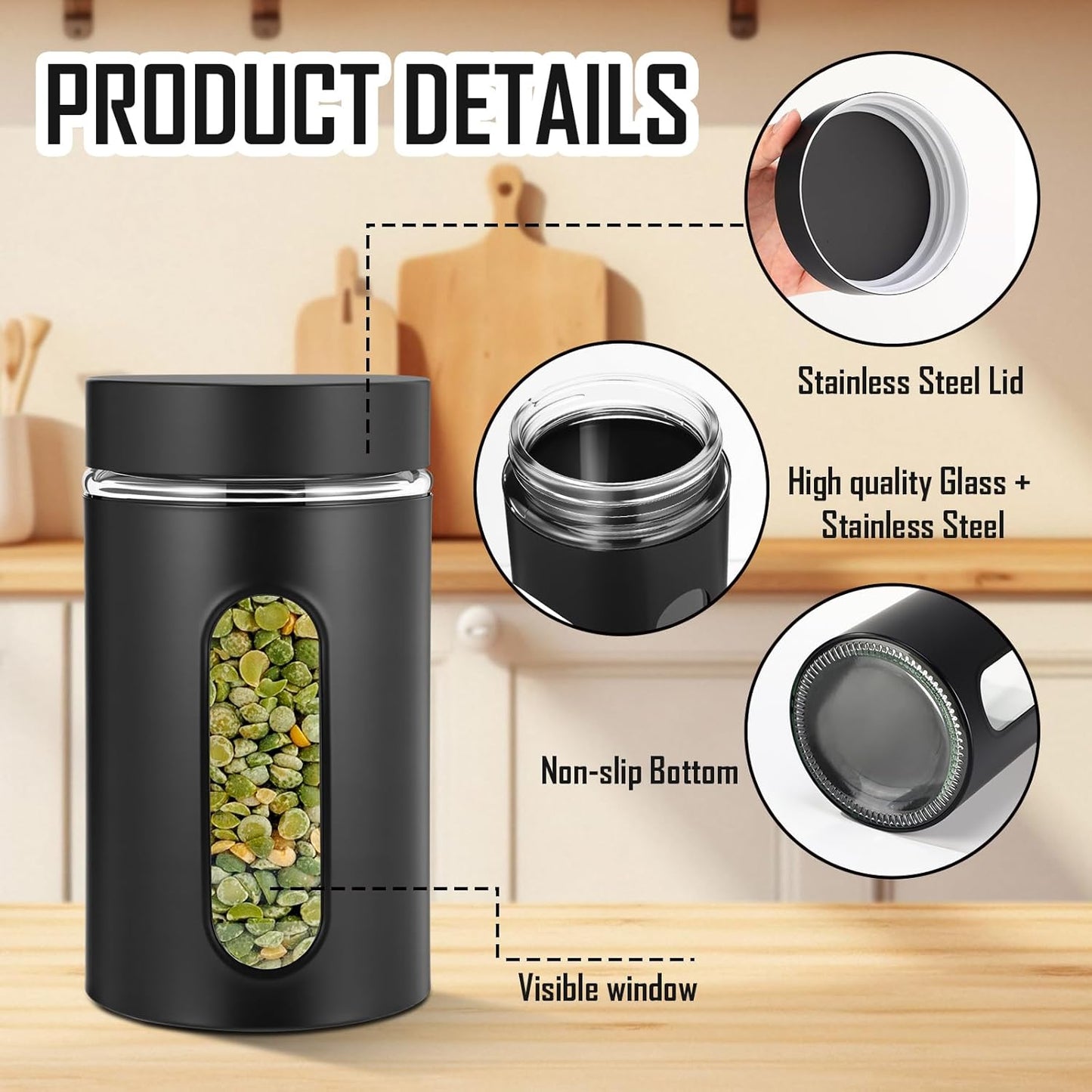 3 Pcs Stainless Steel Canister Set with Glass Windows Visible Storage Jars Silver Kitchen Canister Set for Pasta Flour Oat Sugar Container, Kitchen Tools, Housewarming Gifts(Black,32 oz)
