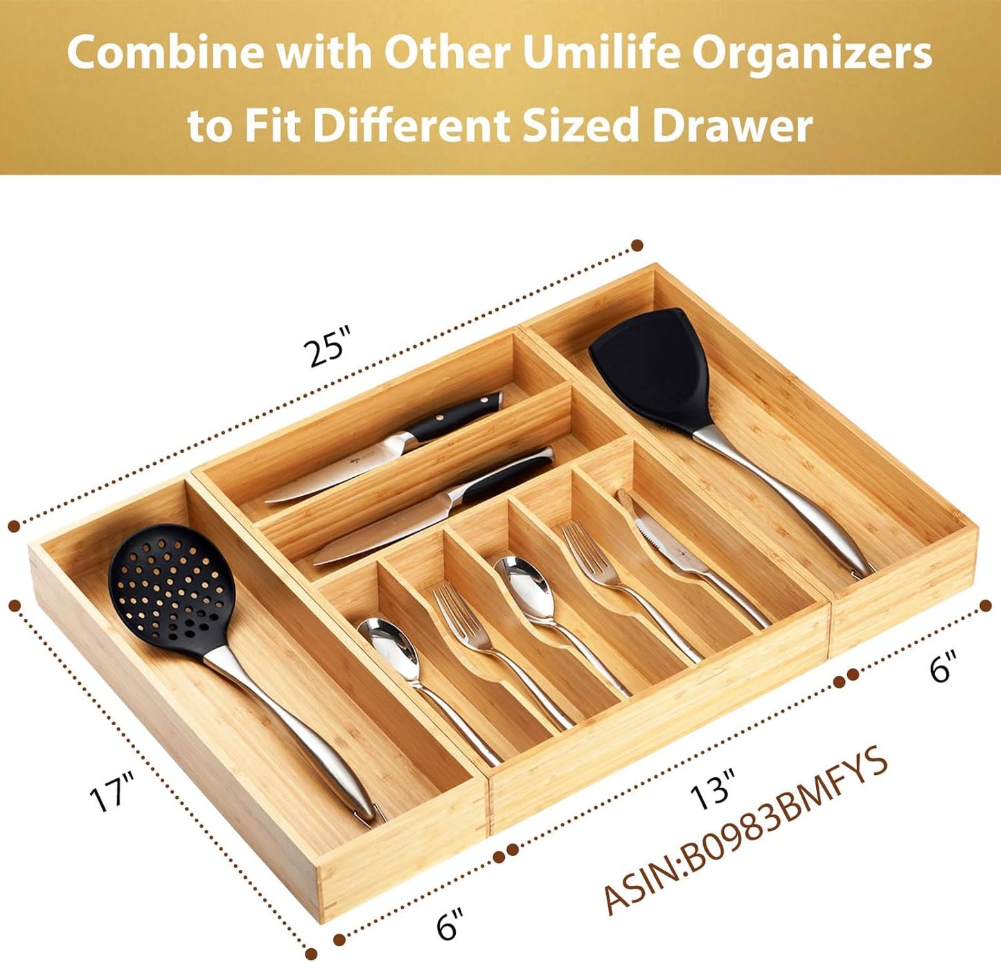 Bamboo Kitchen Utensils Organizer, Extra Long High Silverware Drawer Holder