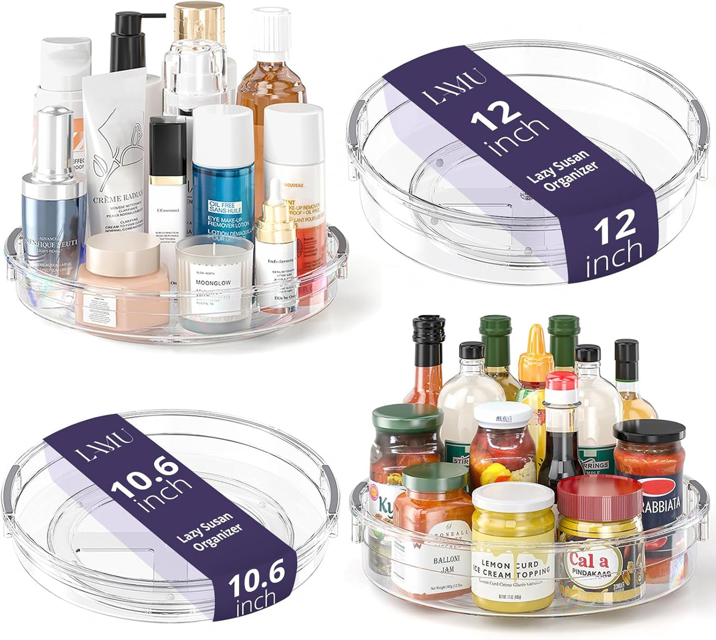 4 Pack Lazy Susan Organizer, Clear Lazy Susan Turntable for Cabinet, Refrigerator, Table Top