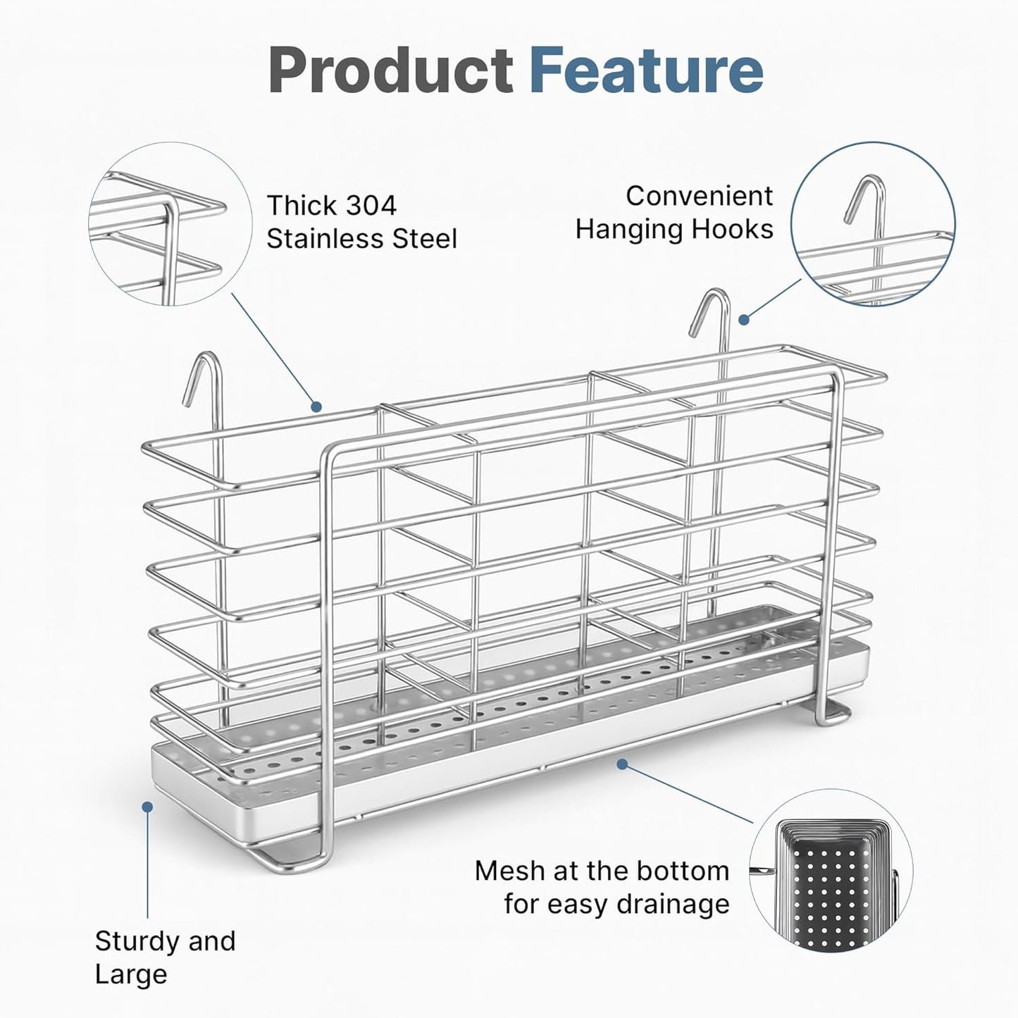 304 Stainless Steel Utensil Drying Rack with Hooks & 3 Divided Compartments