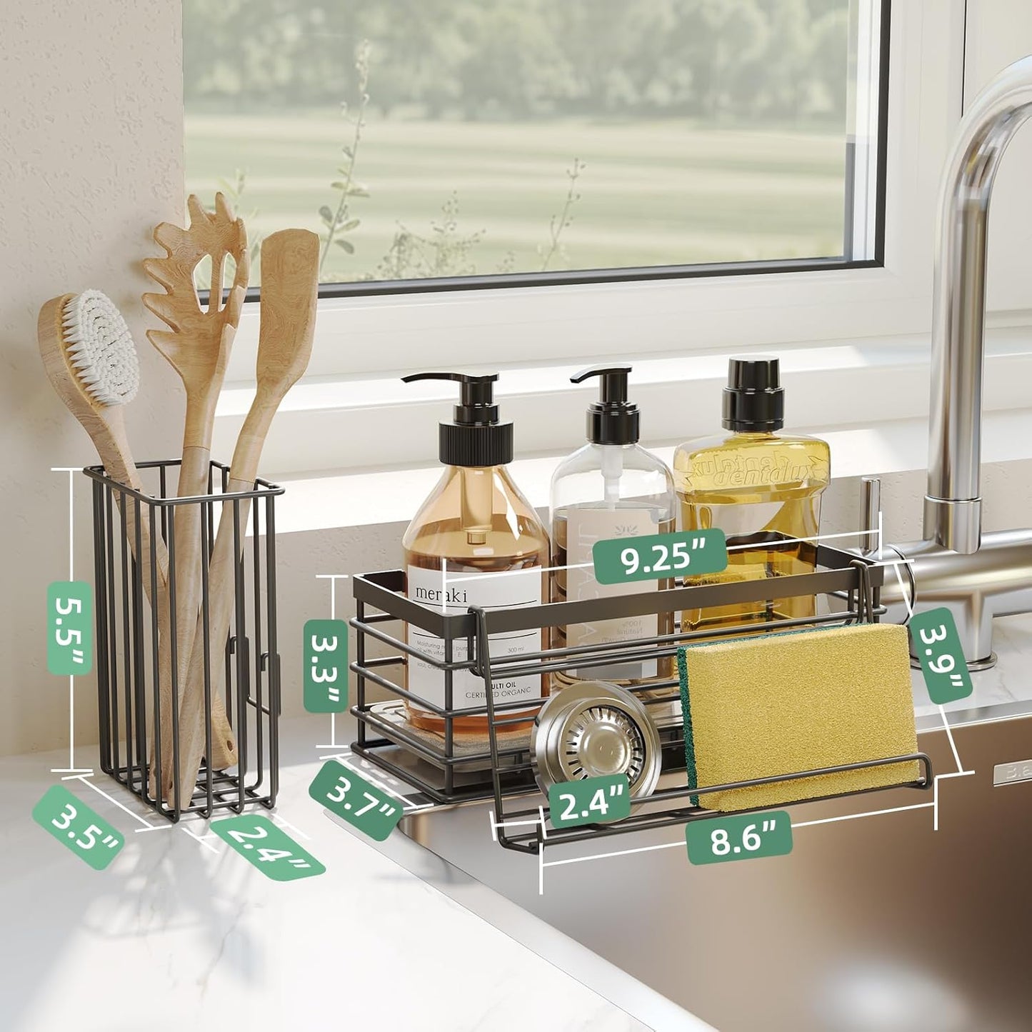 Sponge Holder for Kitchen Sink, Sink Caddy with Instant Drying Mat & Hook