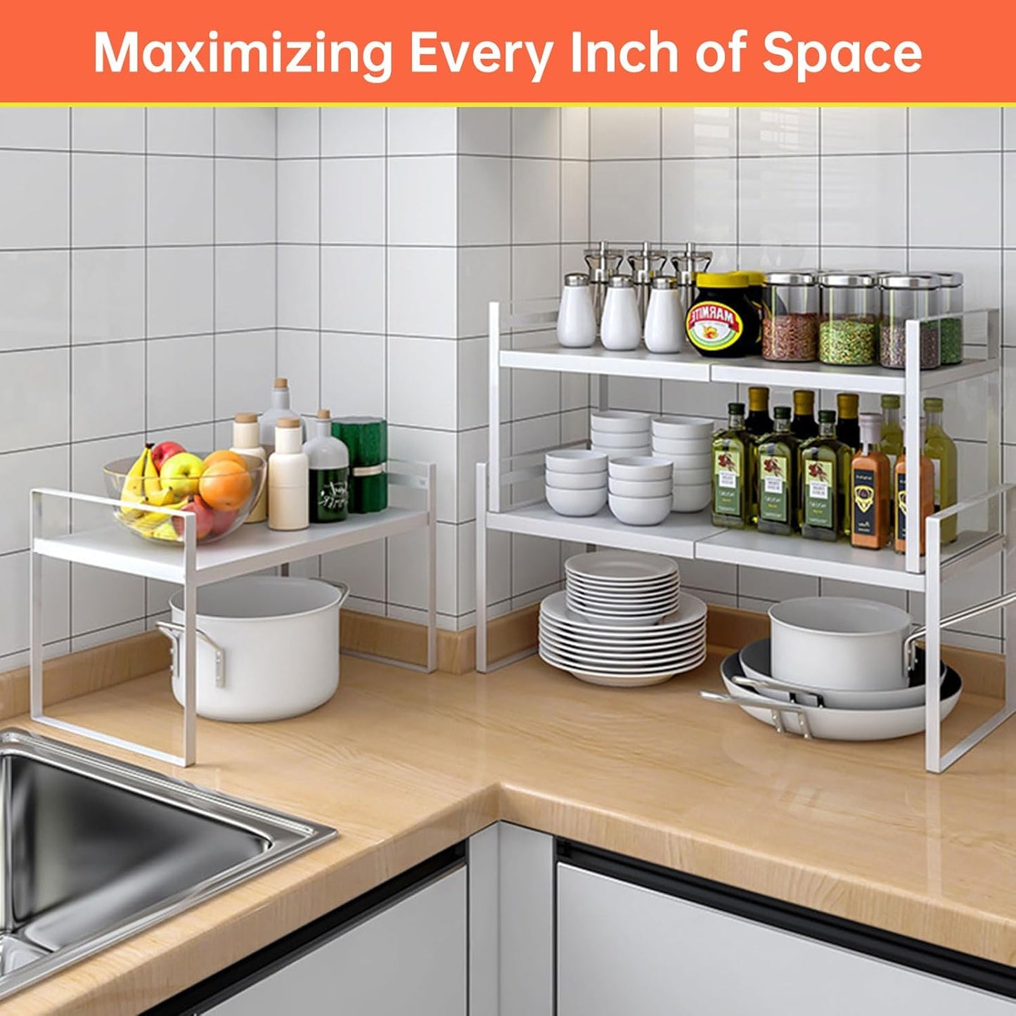 Expandable Cabinet Organizer 14"~25", Kitchen Shelf Organizer Spice Rack 11” wide