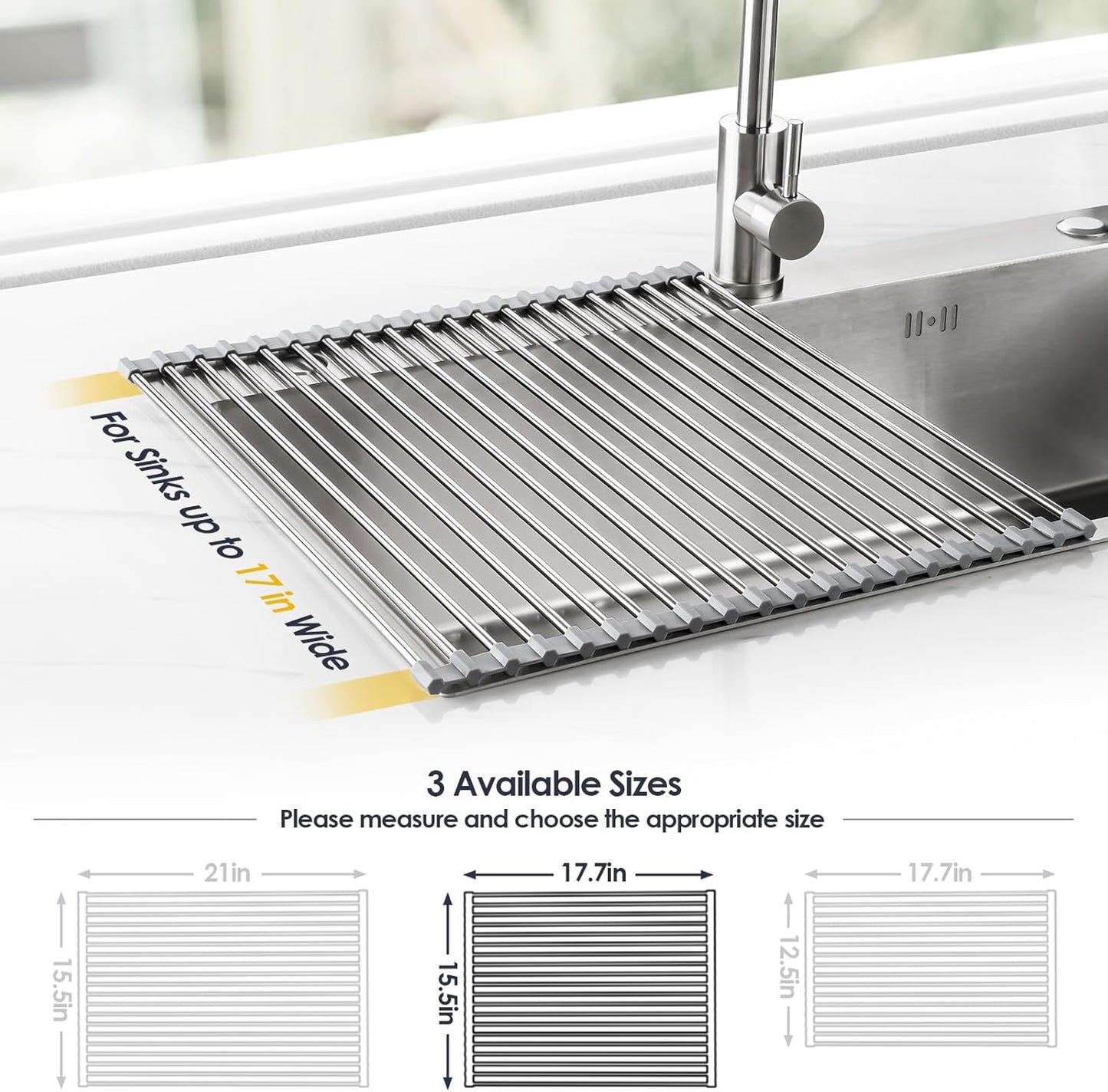 17.7" x 15.5" Roll Up Dish Drying Rack Over Sink Drying Rack Sink Cover Kitchen Sink Accessories Gadget Multipurpose Organizer Foldable Stainless Steel Drainer (Grey)