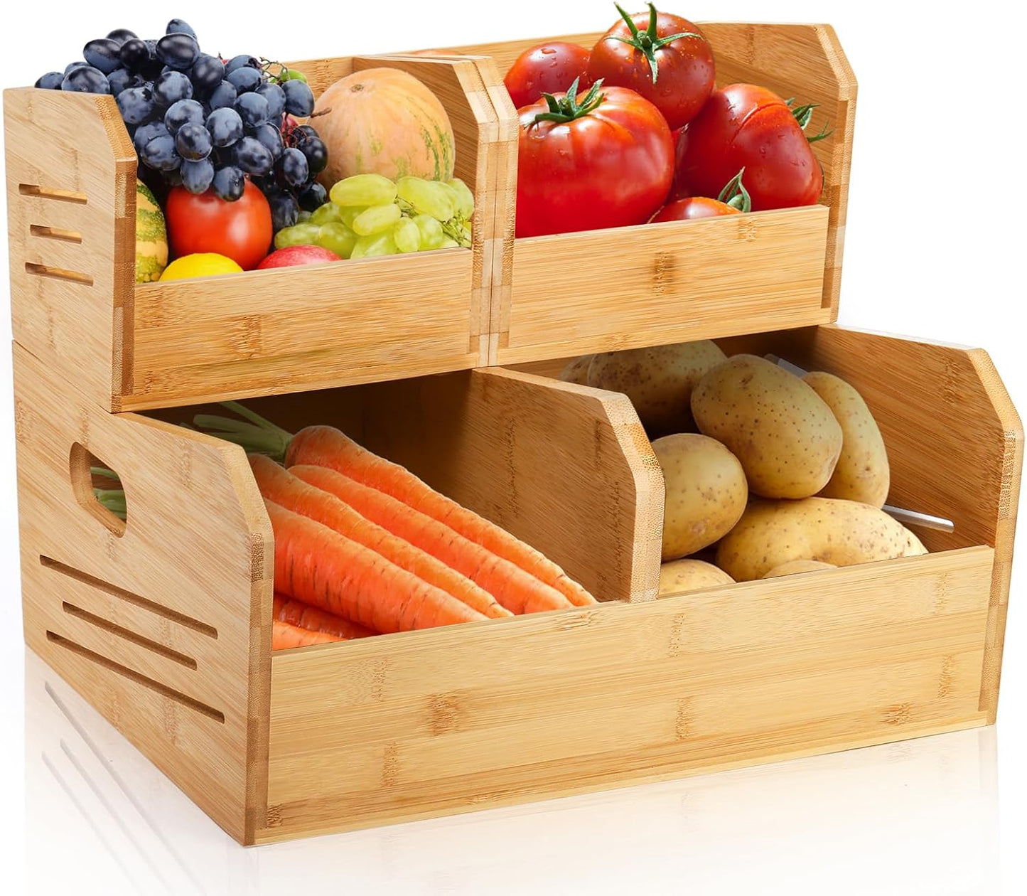 2 Tier Bamboo Stackable Storage Bins, 4 Compartment Potato and Onion Storage Baskets