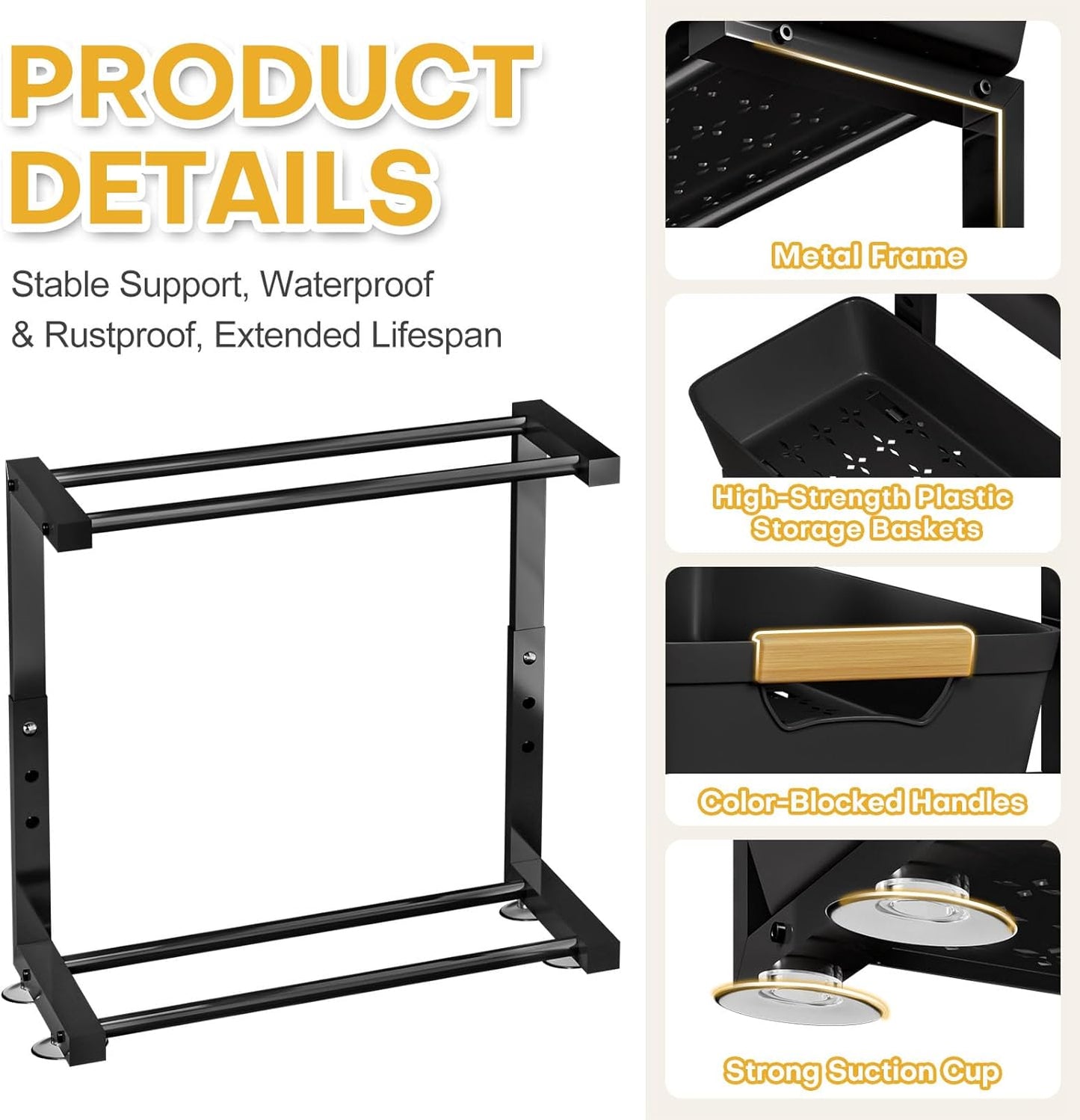 2-Tier Under Sink Organizer: 2pcs Set Adjustable Pull Out Drawer Undersink Cabinet Storage Rack for Home Kitchen Bathroom