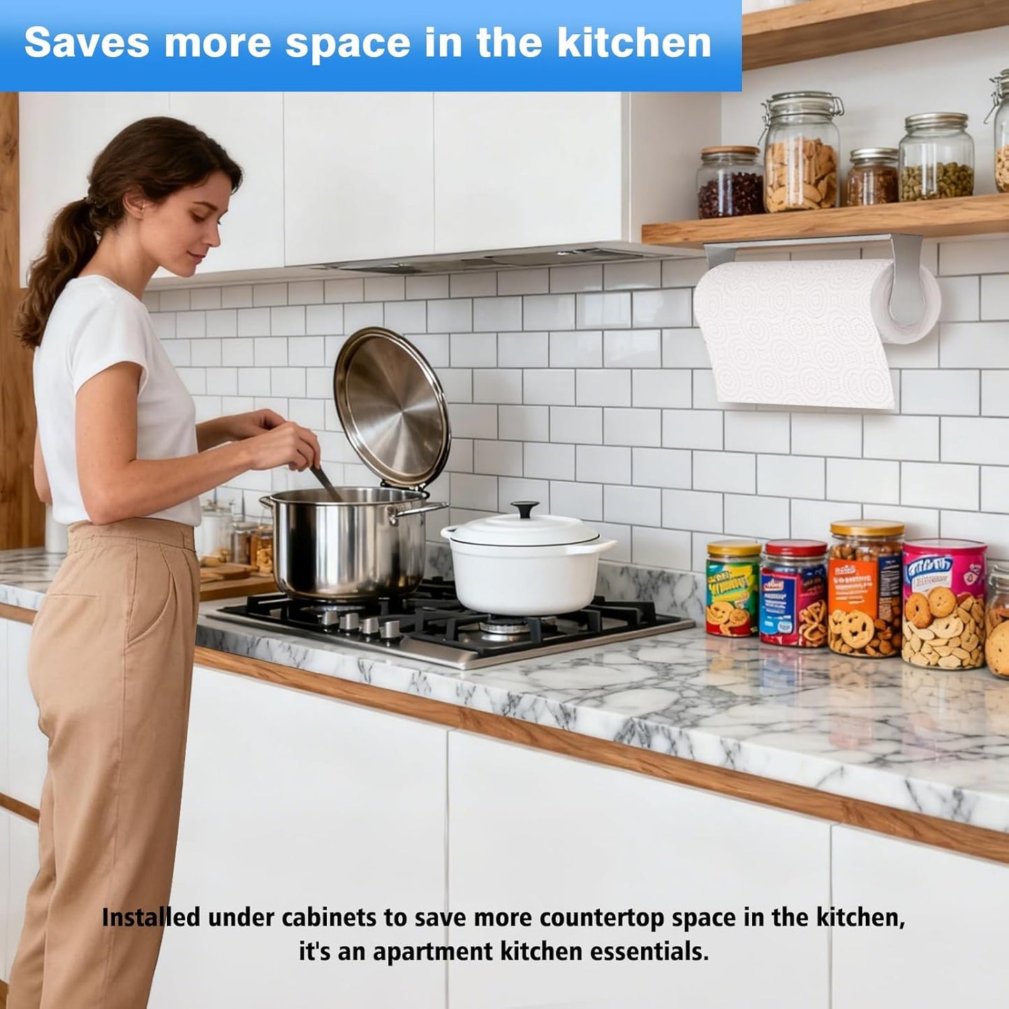 Paper Towel Holder Under Cabinet, Stainless Steel, Silver, Adhesive & Wall Mount