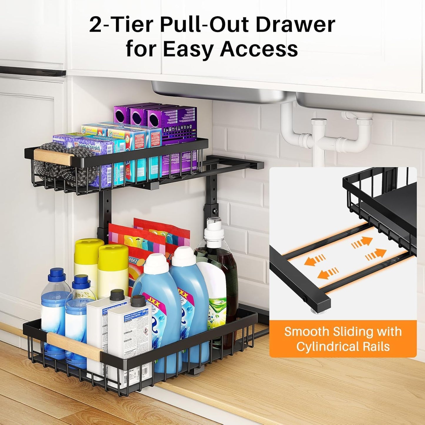 Under Sink Organizer, Adjustable Height, 2 Tier Pull Out Under Cabinet Organizer