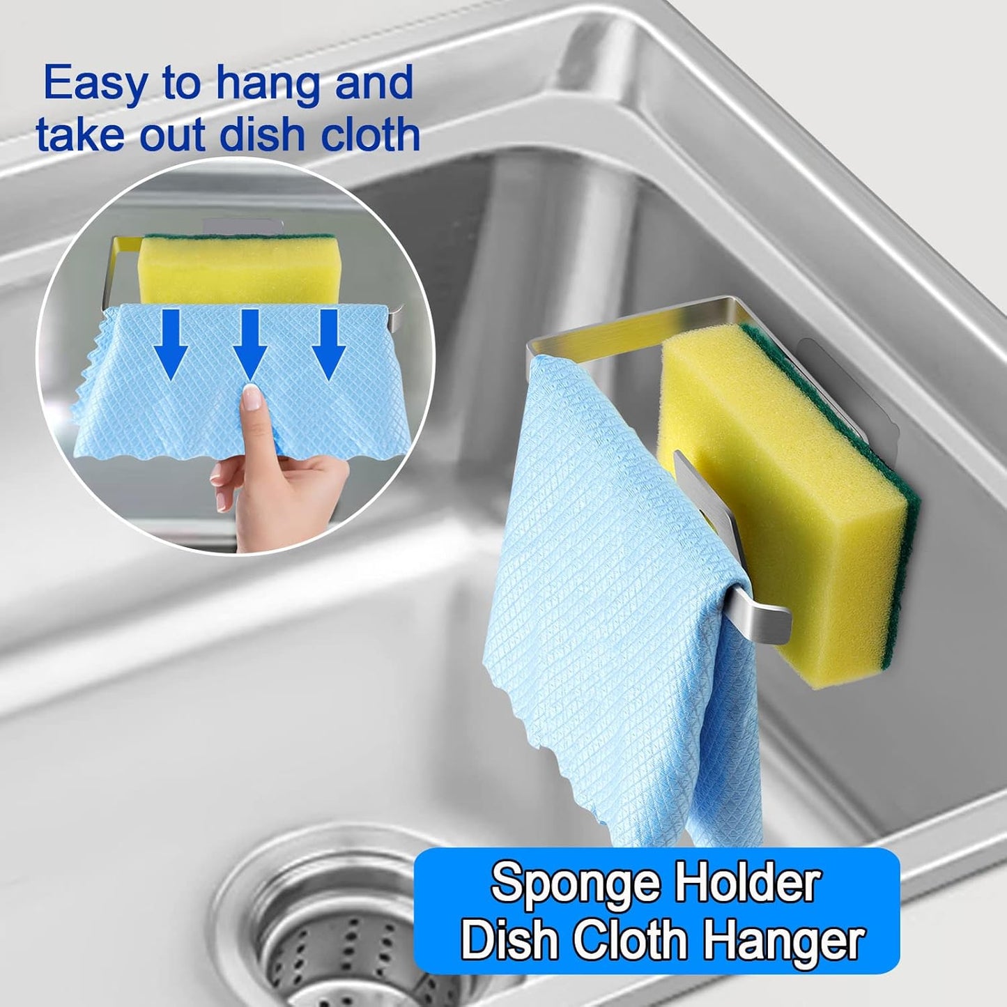 Kitchen Sink Sponge Holder - Sponge and Dish Cloth Hanger, Adhesive Rustproof Kitchen Sink Rack