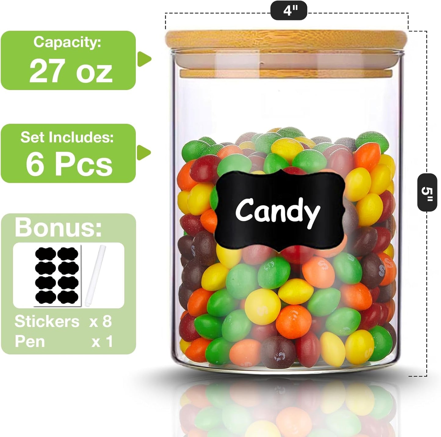 Glass Storage Jars with Airtight Bamboo Lid, 27 OZ Food Storage Jar with Labels