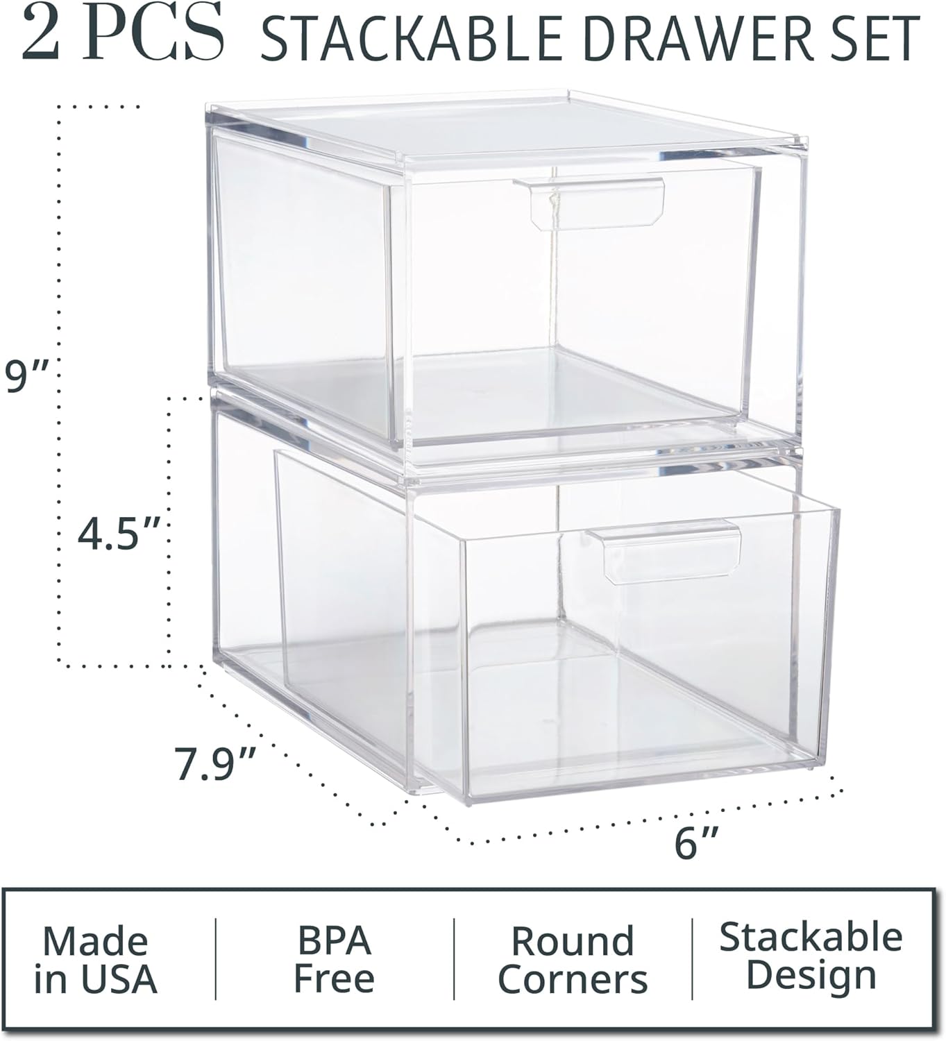 Audrey Stackable Clear Bin Plastic Organizer Drawers | 2 Piece Set | Organize Cosmetics and Beauty Supplies on a Vanity | Made in USA