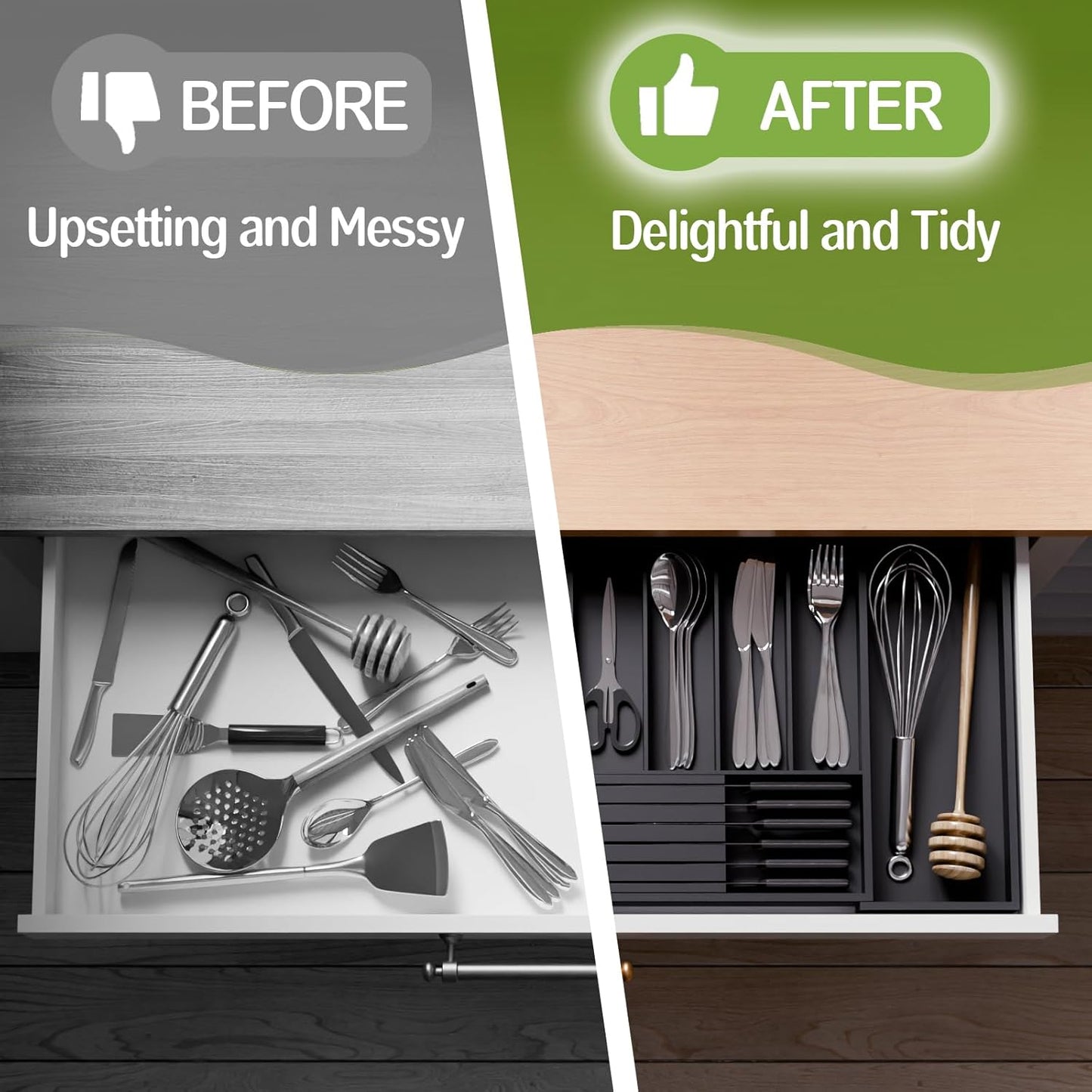 Bamboo Kitchen Silverware Drawer Organizer - Expandable Wood Utensil Holder with Dividers