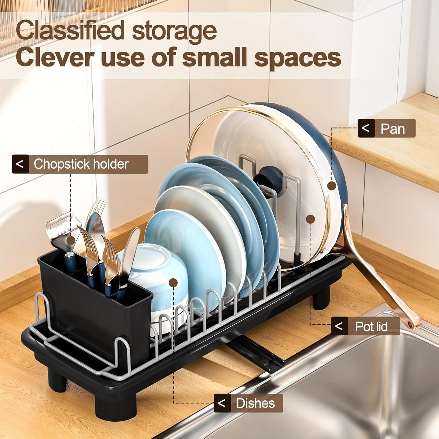 Compact Dish Drying Rack for Countertop, Small-Sized for Dorms, RVs & Tiny Kitchens, Auto-Drain