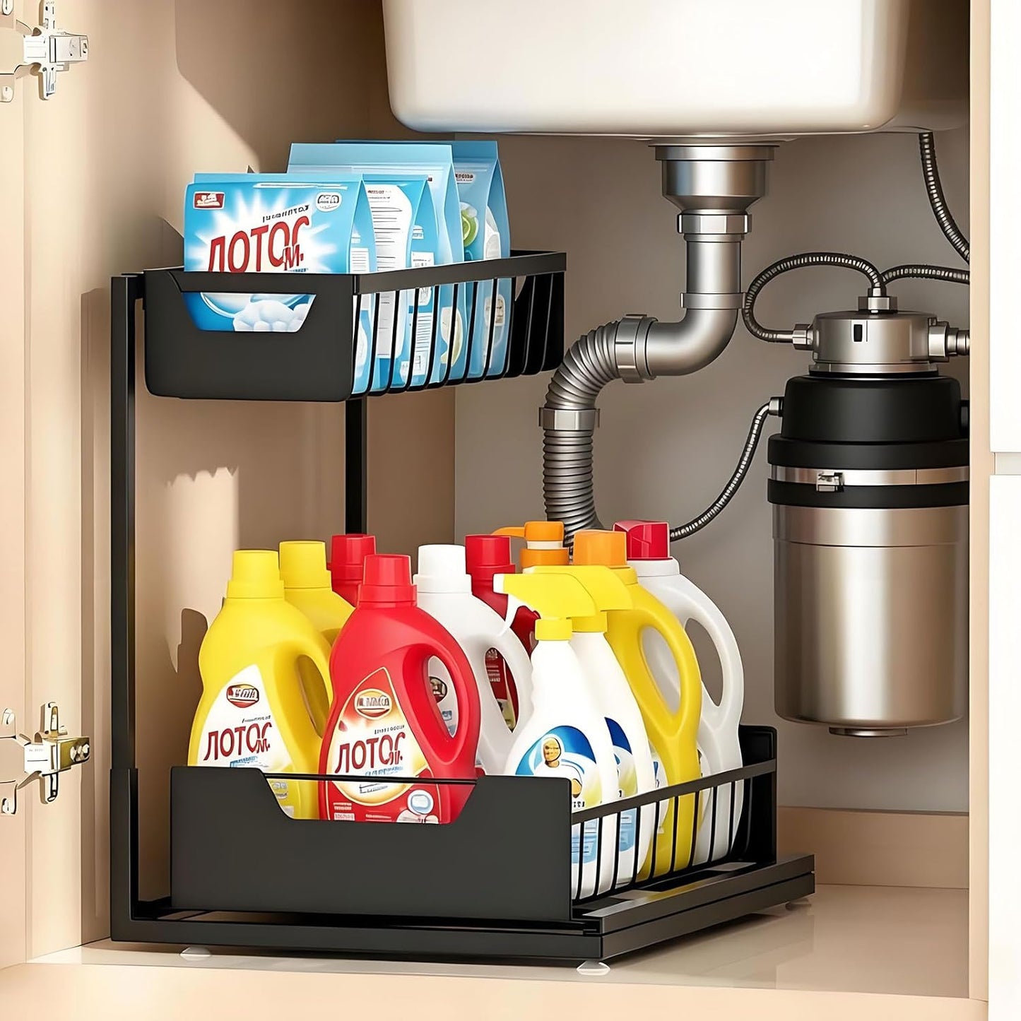 Under Kitchen Sink Organizers and Storage Pull Out 2 Tier Metal Bathroom Cabinet Organizer (Black