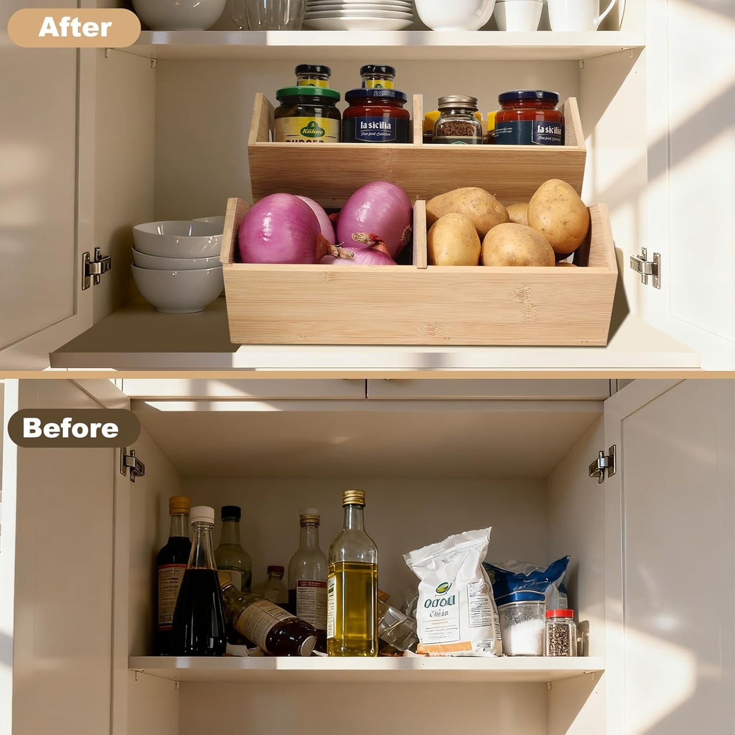 2 Set Pantry Organizers and Storage Bins, Bamboo Stackable Baskets for Potatoes, Onion, Bread