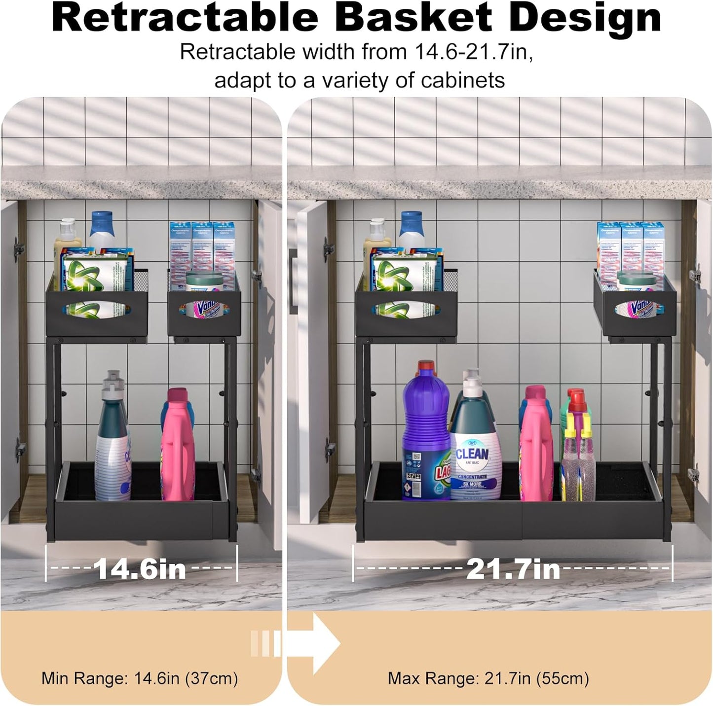 Under Sink Organizer, 14"-21" Width Expandable, 13"-17" Height Adjustable