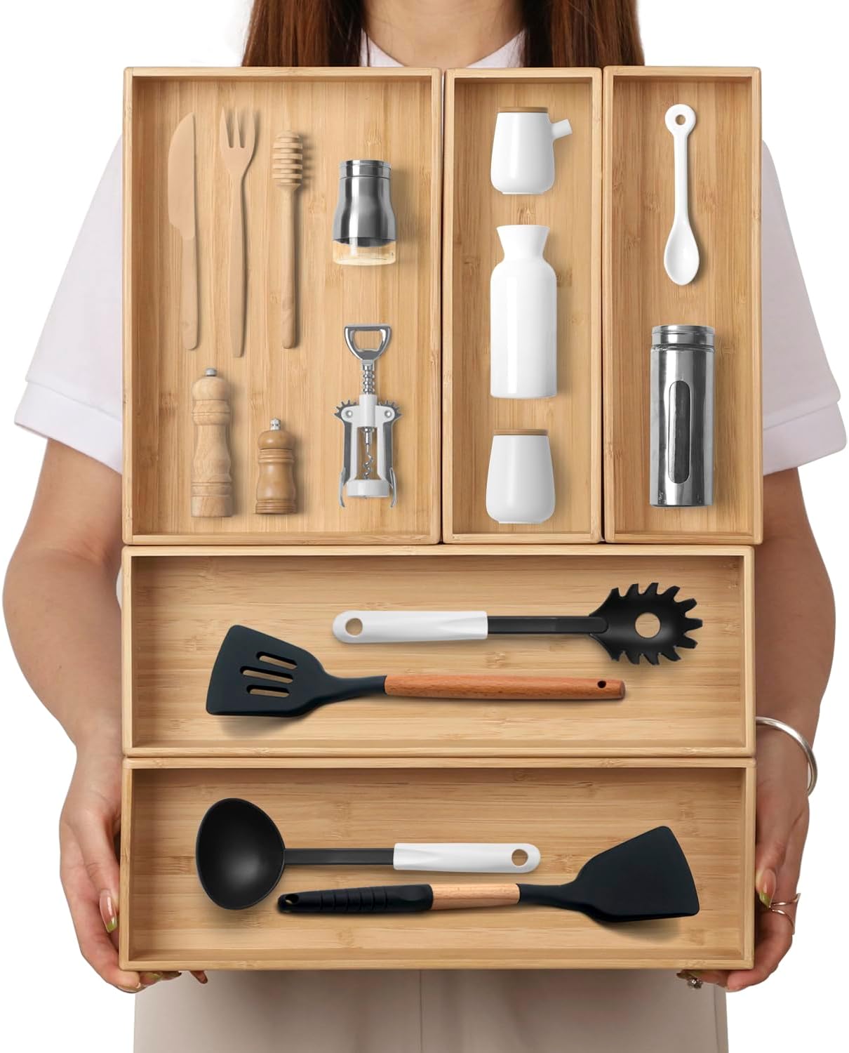 Stack Bamboo Drawer Organizer Set of 5, Kitchen Utensil