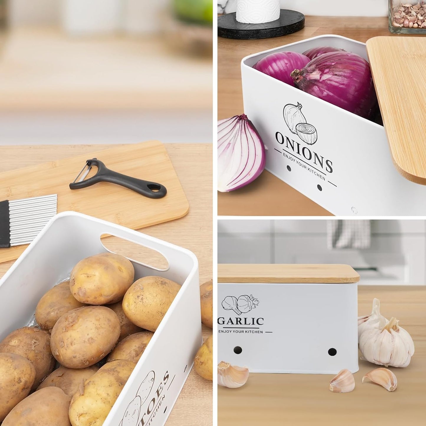 Kitchen Vegetable Storage Set of 3, Metal Onion Garlic Potato Storage Set