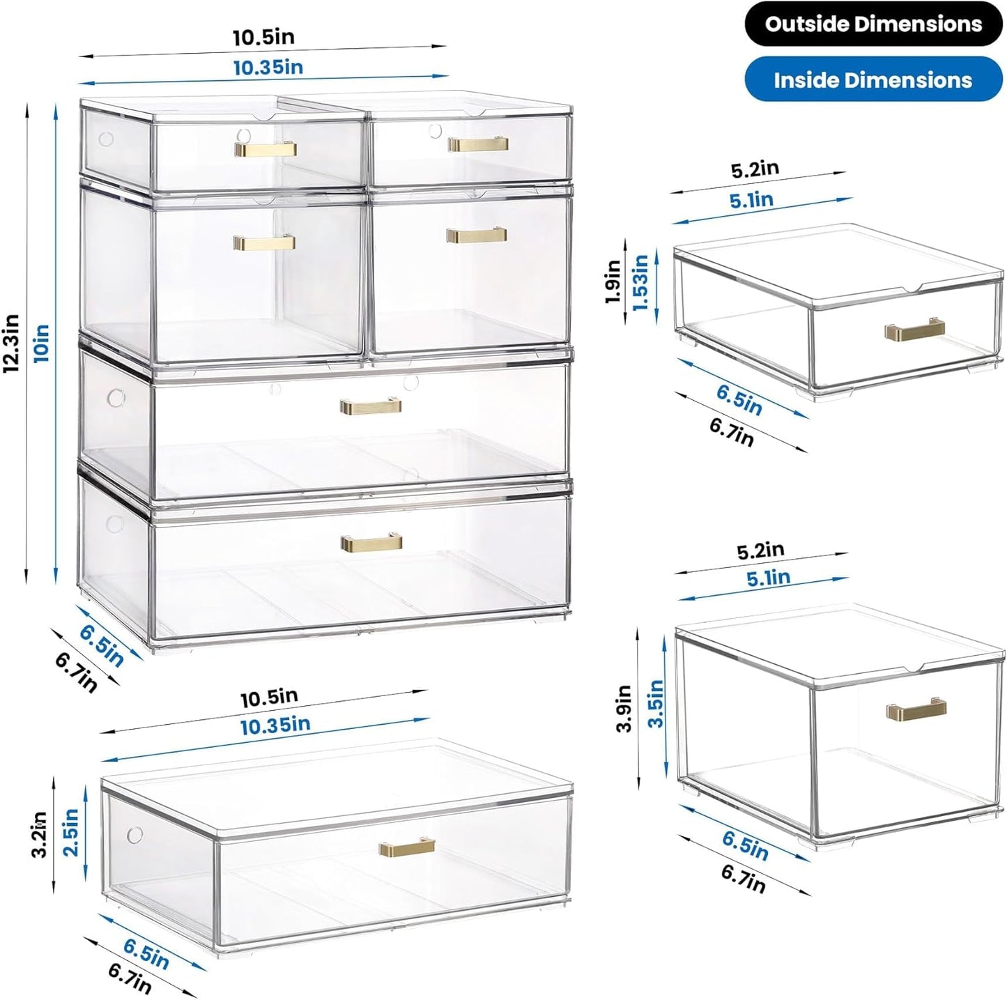 Stackable Storage Drawers, 6 Pack Clear Acrylic Organizer Bins with Golden Handles