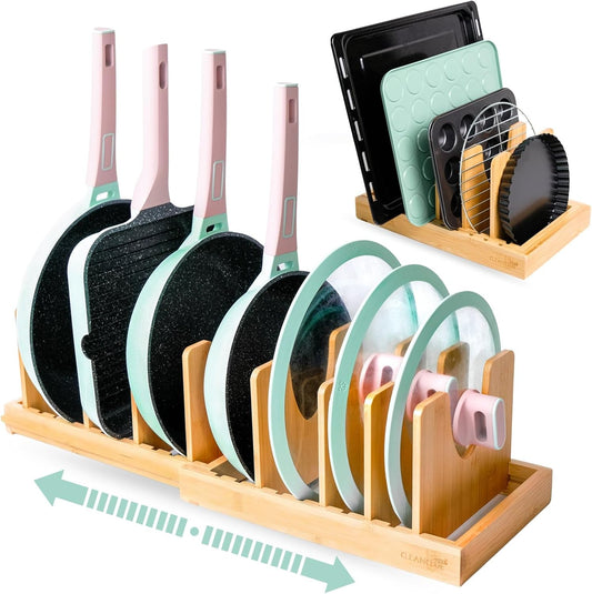 Pots and Pans Organizer under Cabinet, Bamboo Expandable Bakeware and Cutting Board Organizers