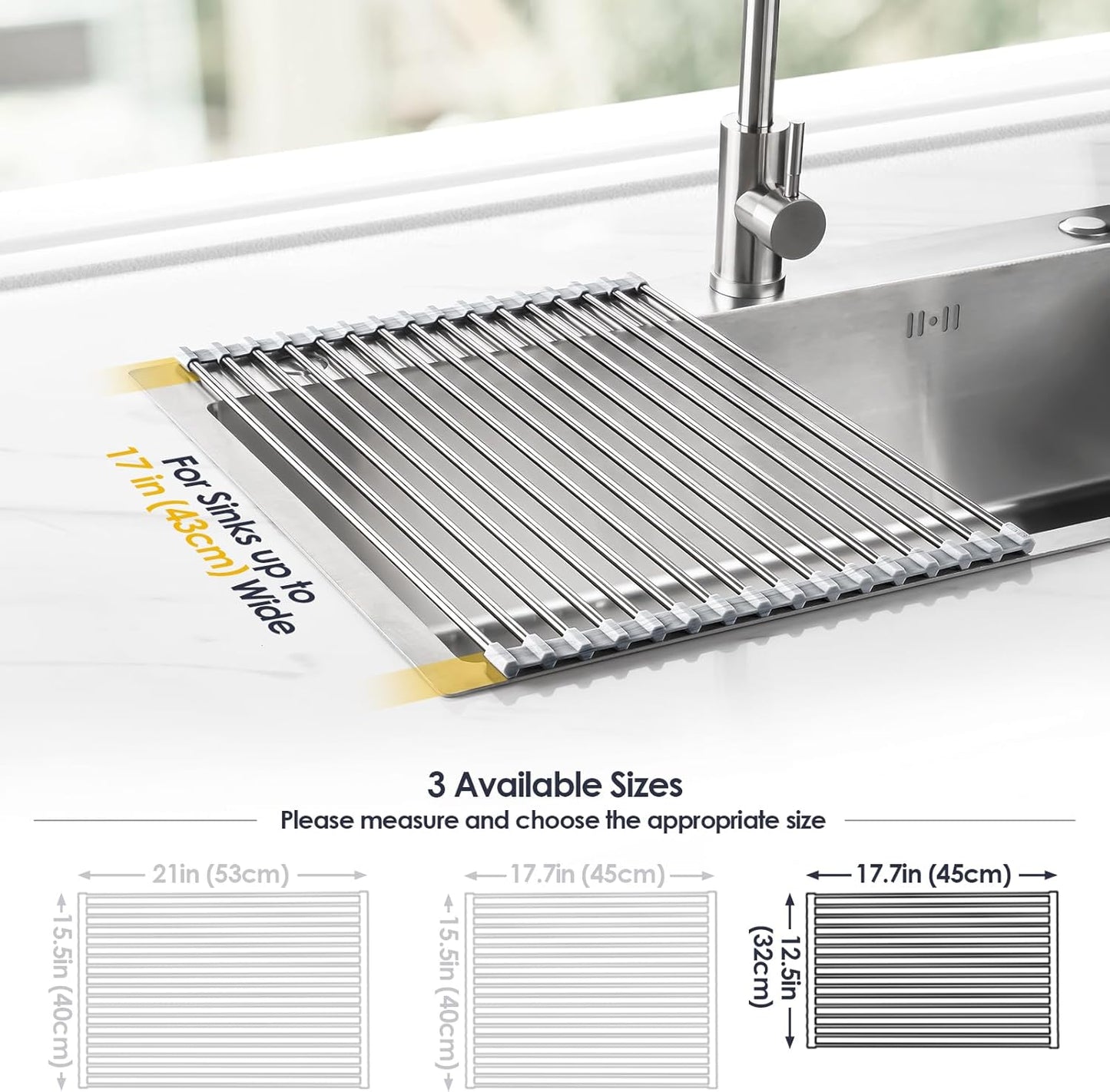 Stainless Steel Roll-Up Dish Drying Rack Marble Color Silicone Edges