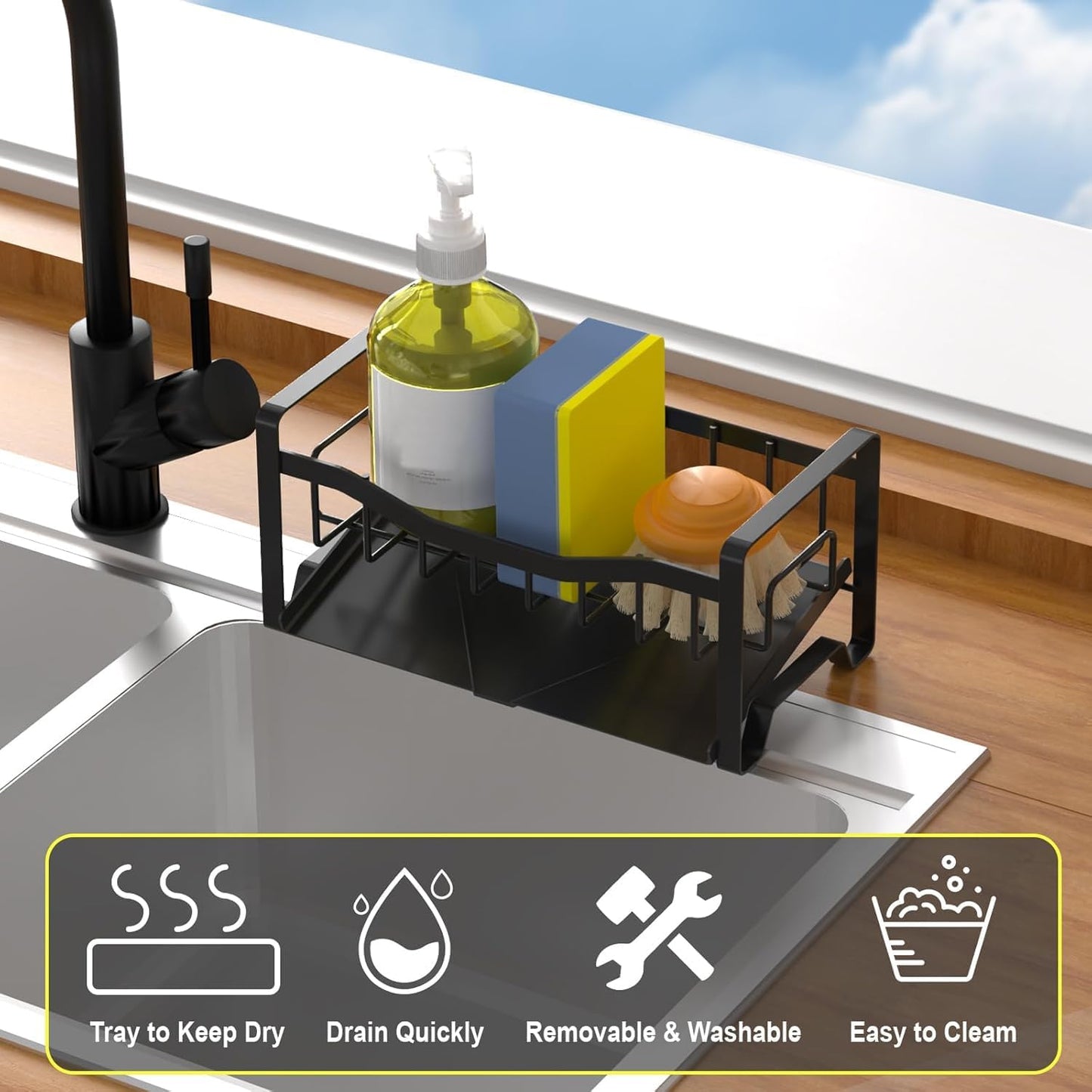 Stainless Steel Kitchen Sink Caddy Organizer with Auto Drain Tray