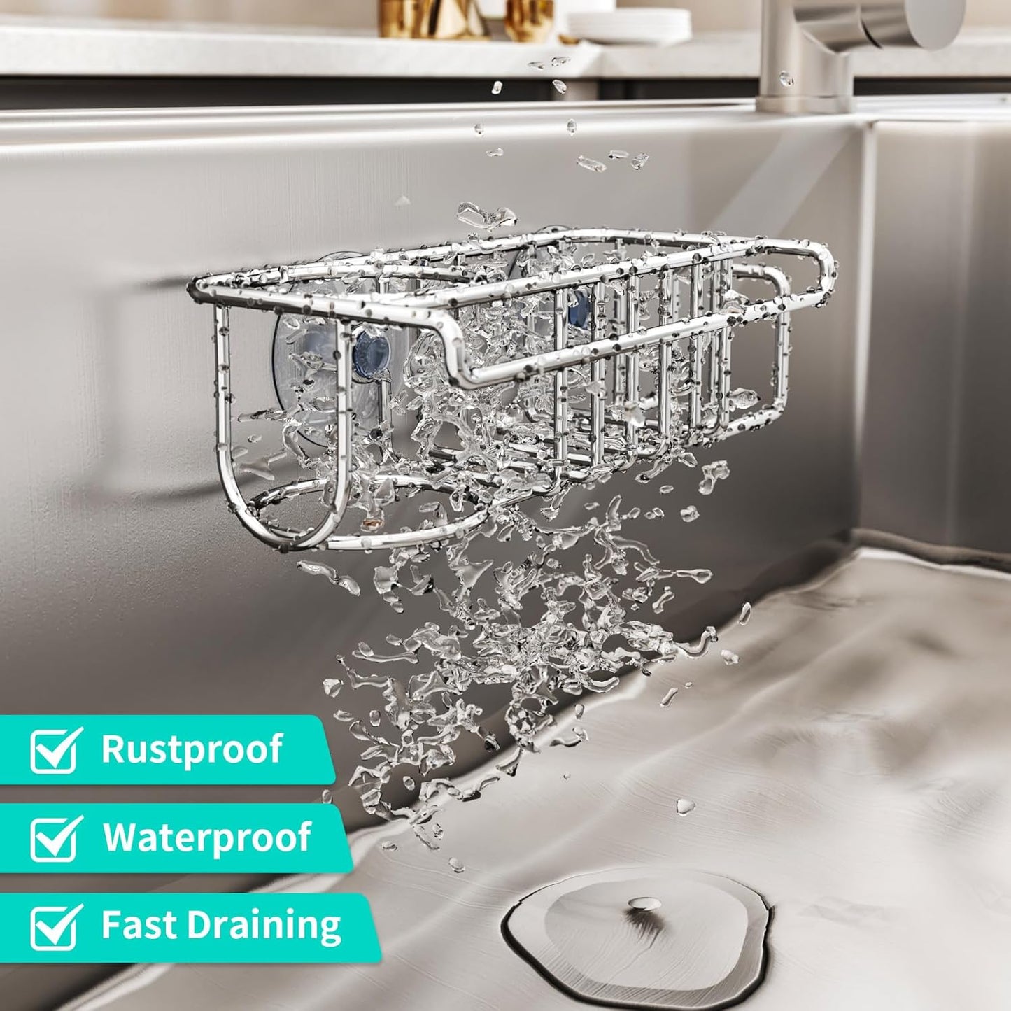 4 in 1 Sink Caddy Sponge Holder, SUS304 Stainless Steel Kitchen Brush Holder + Dish Cloth Hanger + Soap Rack + Sink Stopper Rack + Sponge Caddy for Kitchen - Silver
