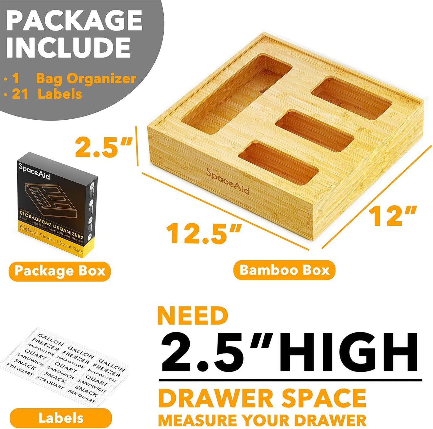 Bag Storage Organizer for Kitchen Drawer, Bamboo Organizer, Compatible with Gallon, Quart