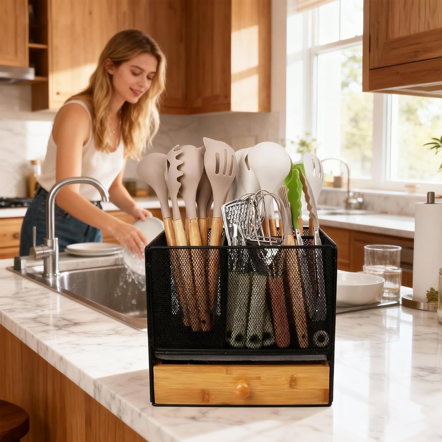 Kitchen Utensil Holder Countertop, Extra Large Utensil Organizer with Drawer