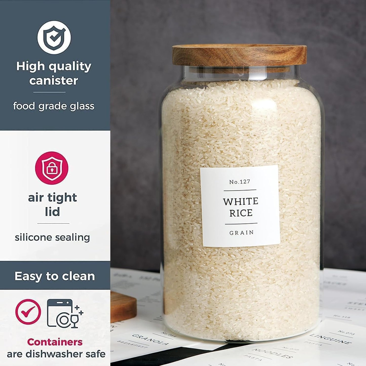 Set of 2 Large Glass Jar with Airtight Acacia Lid and 132 Kitchen Pantry Labels