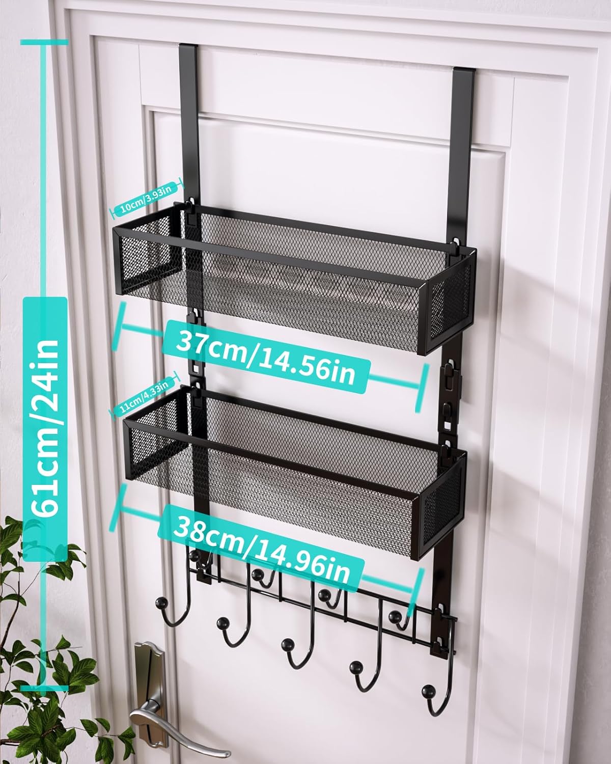 Over The Door Hanger with Coat Hooks and 2 Baskets, Rustproof & Waterproof Over The Door Hooks