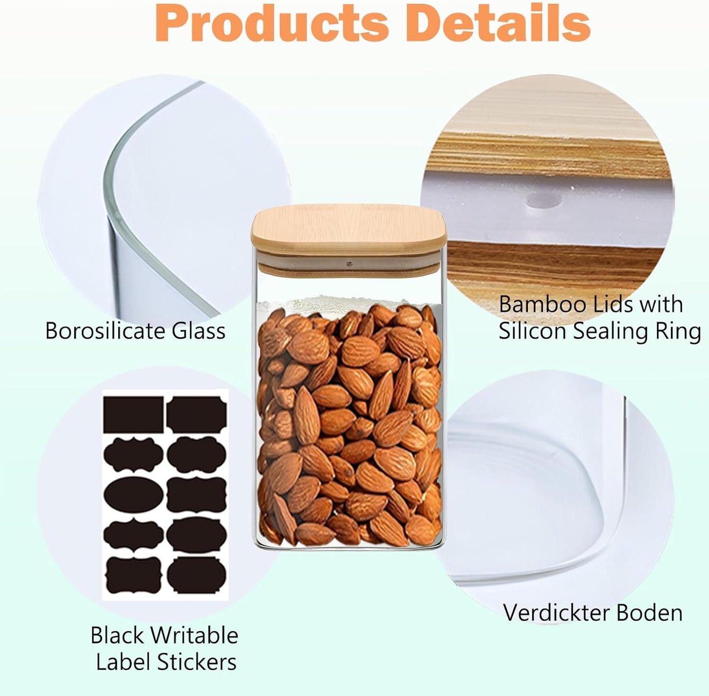 1.2 Qt Square Glass Storage Containers with Lids, glass jar with airtight lid