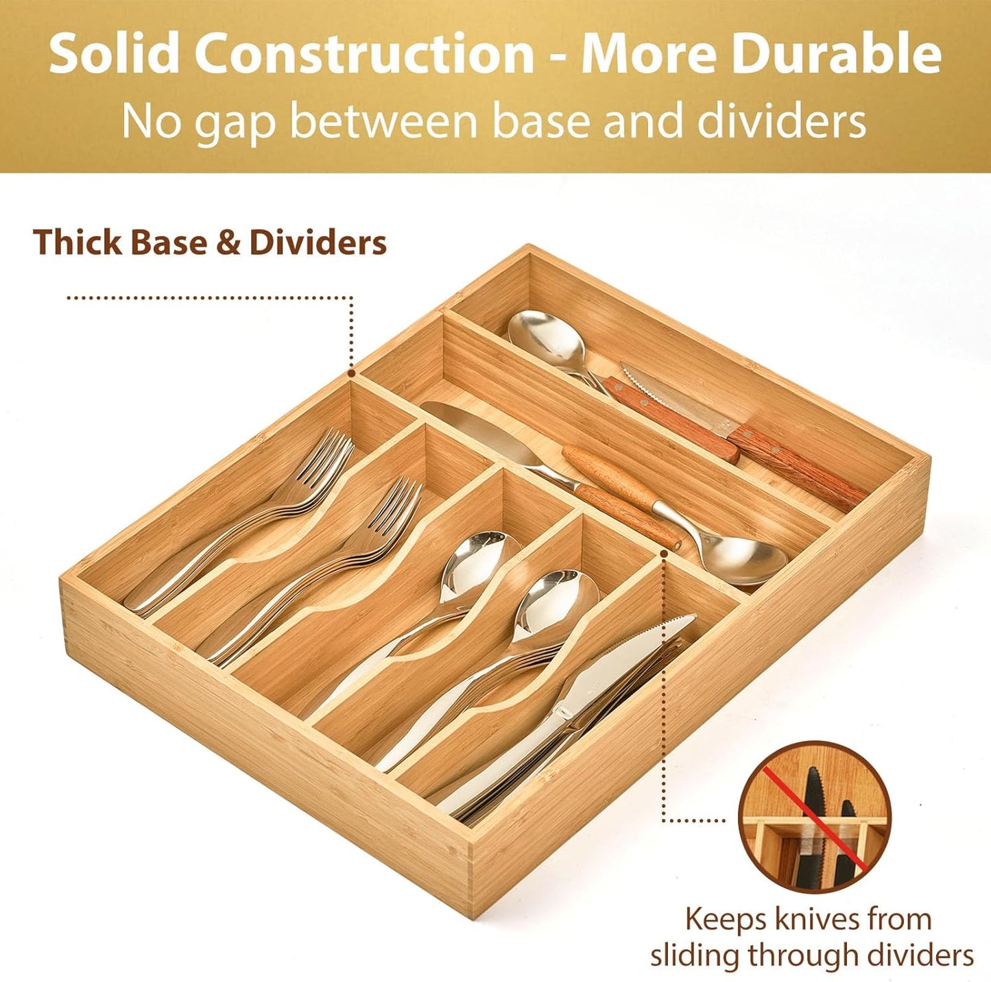 Bamboo Kitchen Drawer Organizer, 13 Inch Silverware Utensil Tray Holder