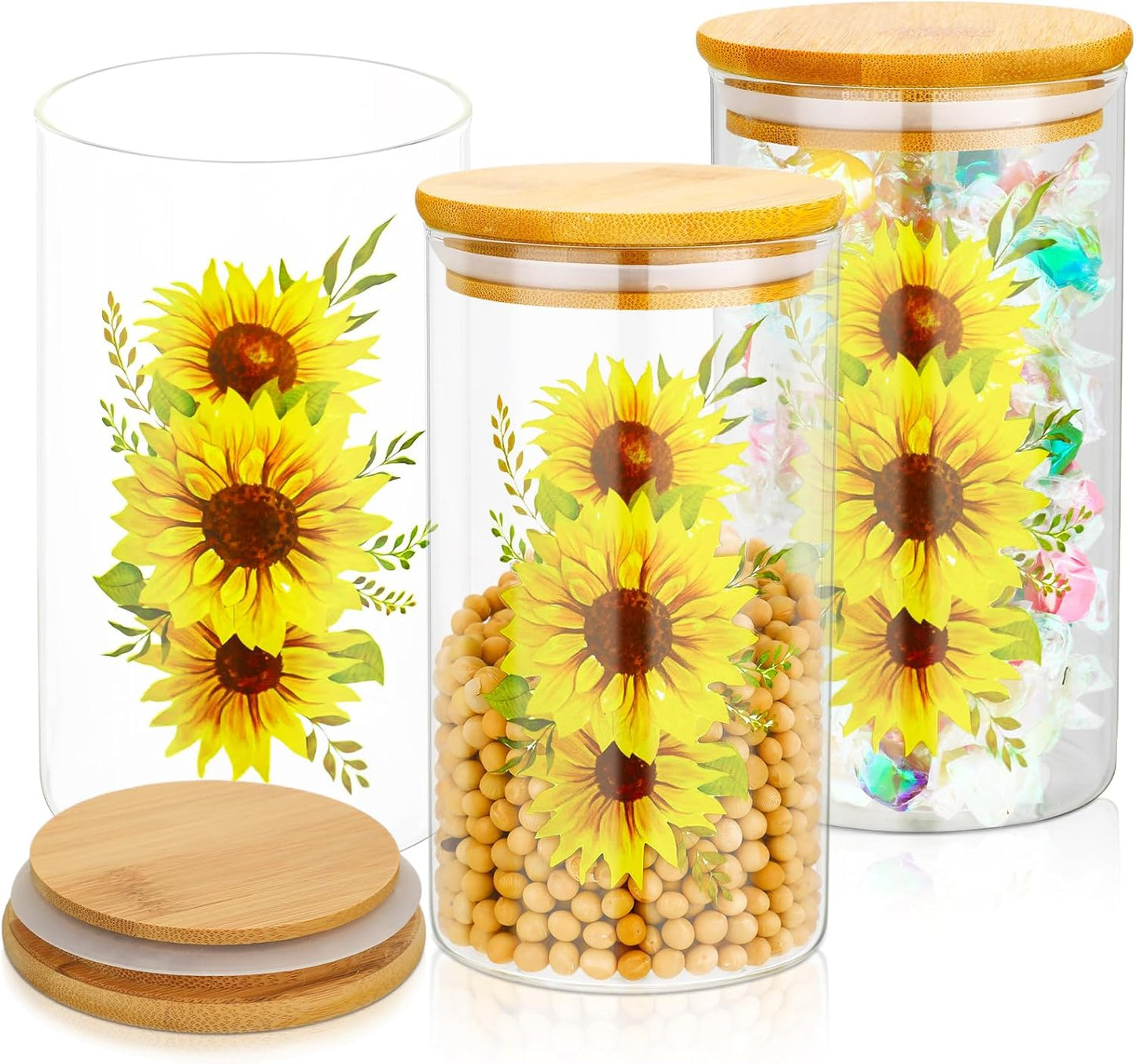 3 Pcs Sunflower Glass Canister Set Clear Lemon Kitchen Storage Jars with Airtight Bamboo Lid for Coffee Bean Cookie Candy Tea Flour Farmhouse Home Countertop 24oz