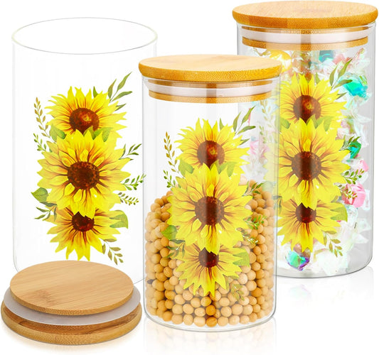 3 Pcs Sunflower Glass Canister Set Clear Lemon Kitchen Storage Jars with Airtight Bamboo Lid for Coffee Bean Cookie Candy Tea Flour Farmhouse Home Countertop 24oz
