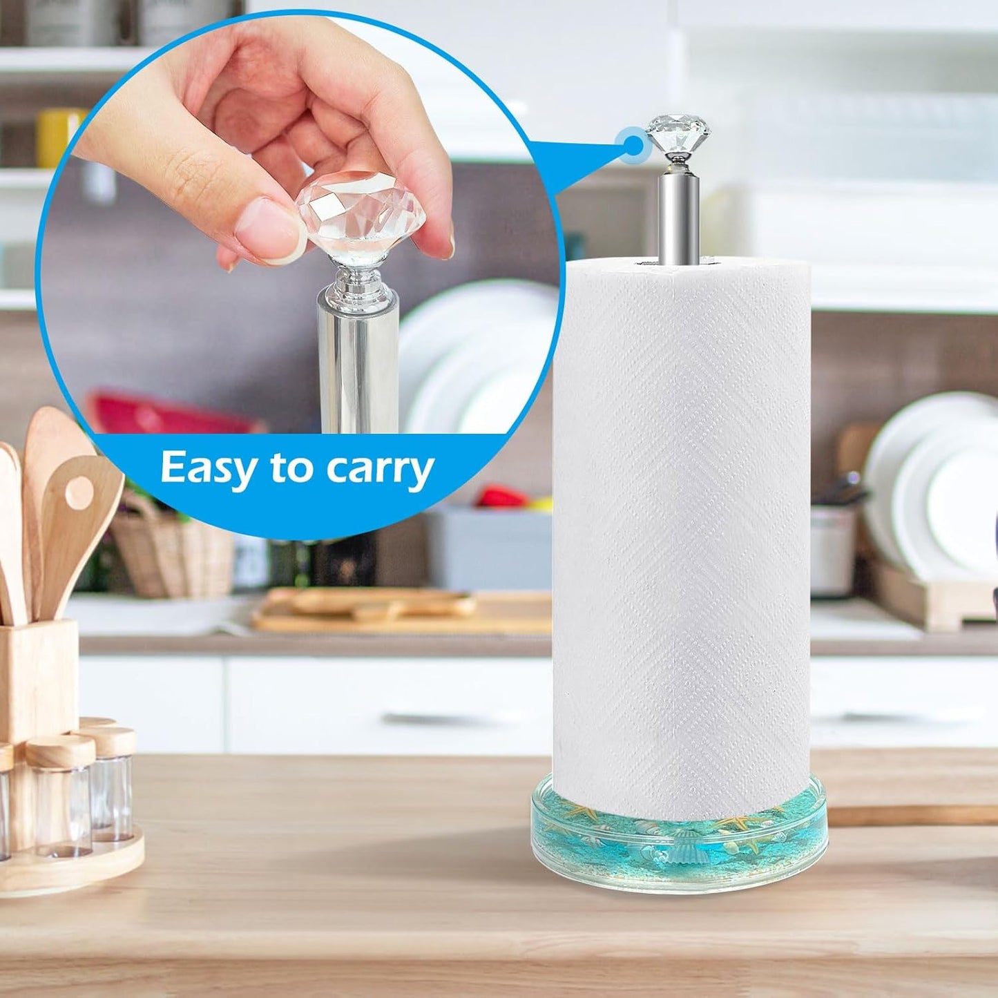 Paper Towel Holder Countertop Acrylic w/Nature Seashell Handmade,Seascape Standing Paper Towel Roll Holder for Kitchen Bathroom w/Weighted Base for One-Handed Operation,Unique Gifts (Blue)