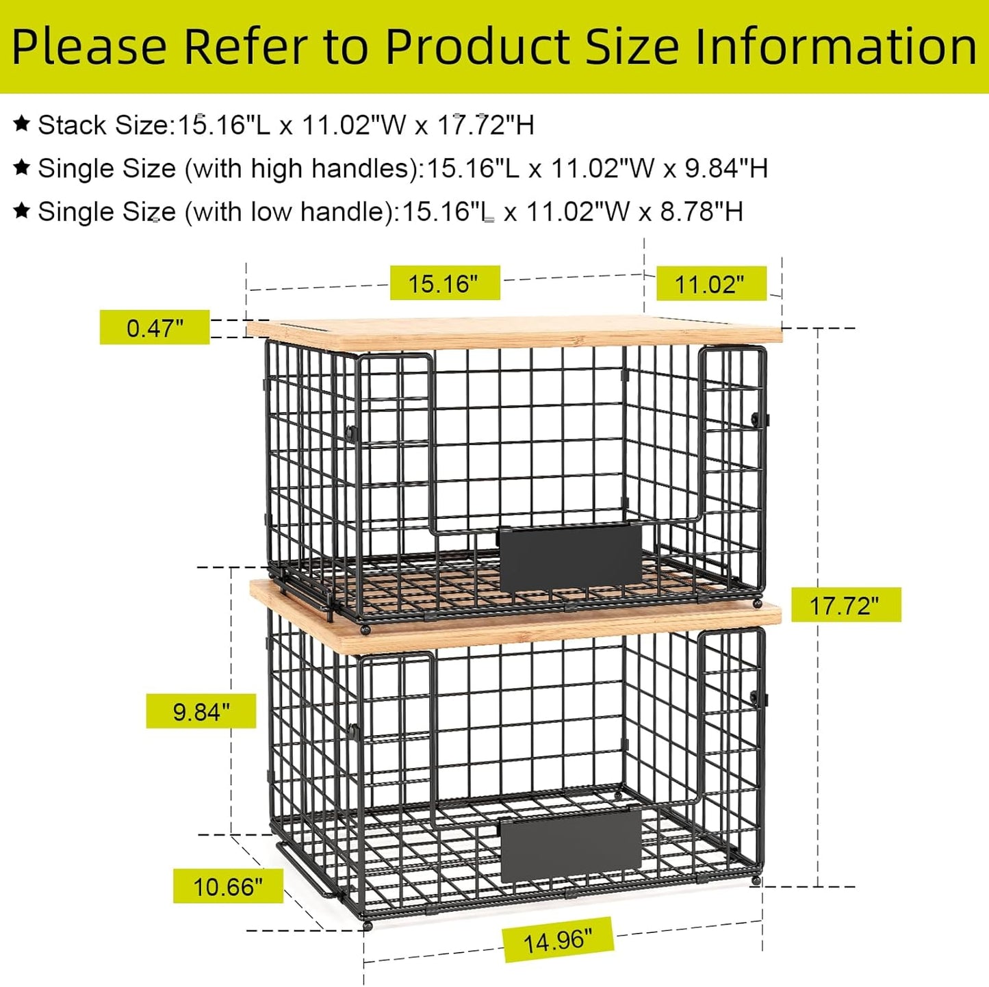 2 Pack Stackable Wire Baskets with Bamboo Top for Pantry Organizers and Storage