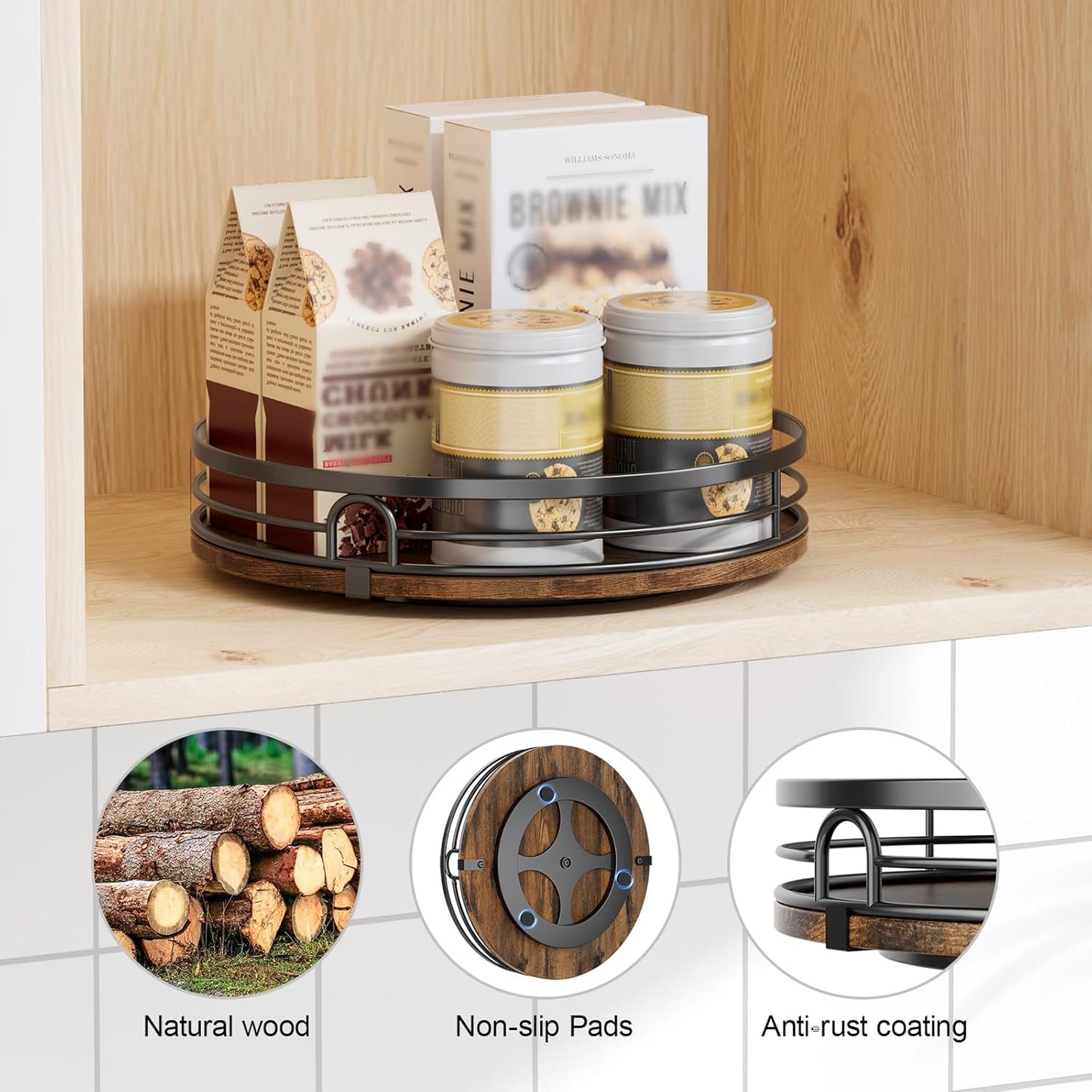 9'' Lazy Susan Turntable Organizer for Cabinet, Round Wood Lazy Susan for Table Top, Kitchen