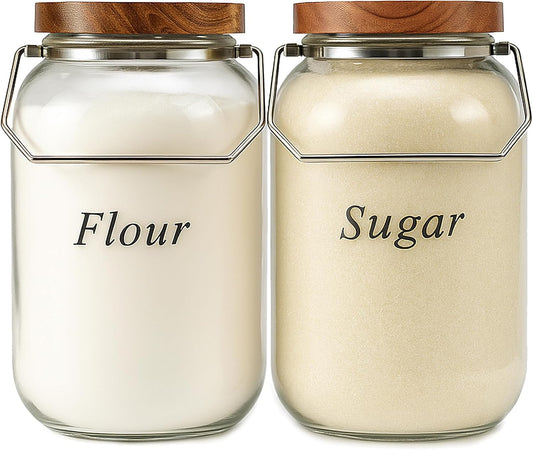 2 Pack Glass Flour Sugar Storage Containers with Handle, 1 Gallon Glass Jars with Airtight Lid