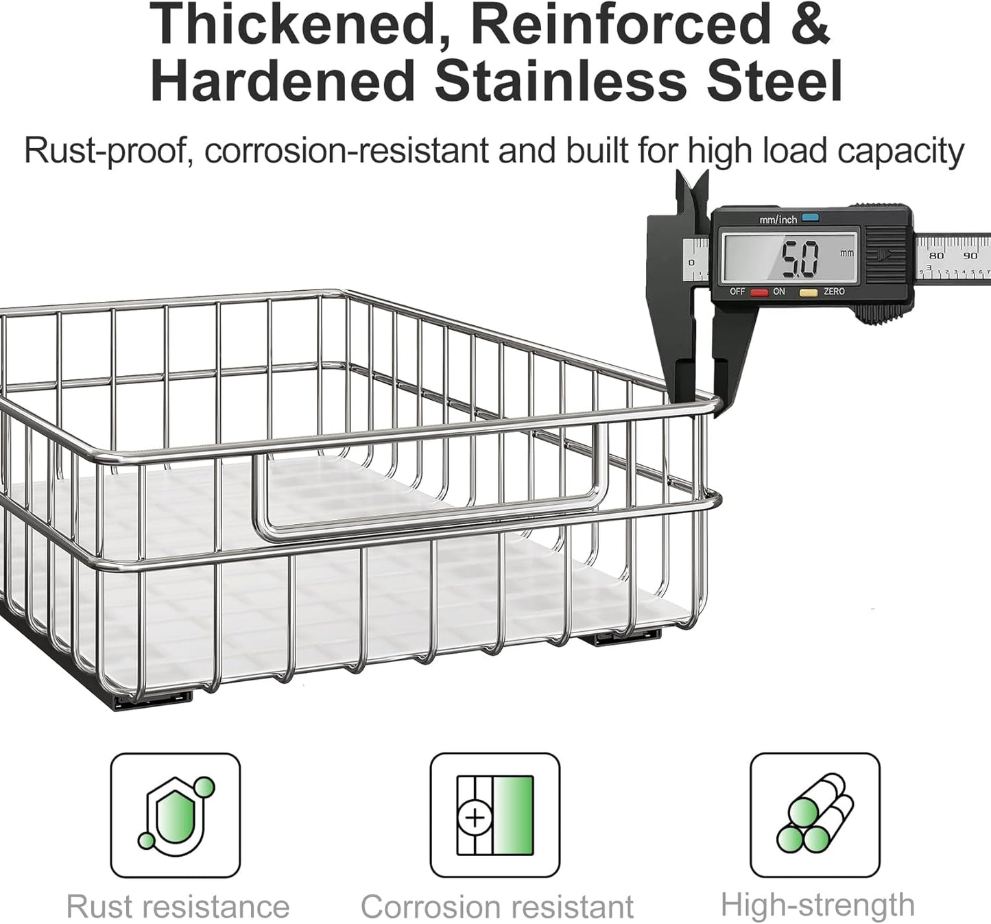 Pull out Cabinet Organizer, Stainless Steel 2-Pack Slide out Drawer with Silent Full-Extension Slides, Adhesive Roll out Can Spice Storage Basket Shelf Rack for Pantry, Kitchen, Bathroom, Home Closet