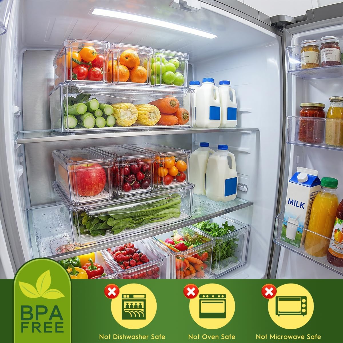 4 Pack Fridge Organizer, Stackable Refrigerator Organizer Bins with Lids