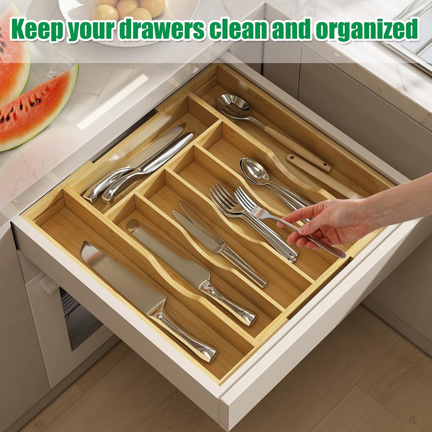Bamboo Kitchen Drawer Organizer,Expandable Silverware Organizer,2 Pack Utensil Holder and Cutlery Tray with 7 Slots,Gadgets Storage Divider,Natural