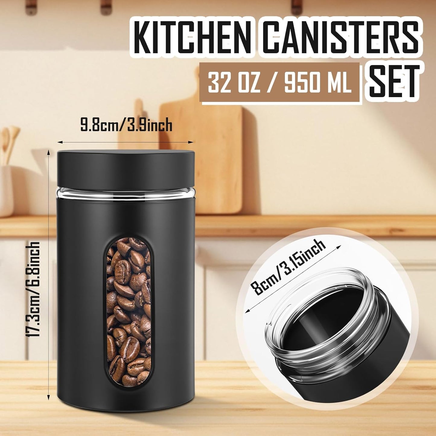 3 Pcs Stainless Steel Canister Set with Glass Windows Visible Storage Jars Silver Kitchen Canister Set for Pasta Flour Oat Sugar Container, Kitchen Tools, Housewarming Gifts(Black,32 oz)