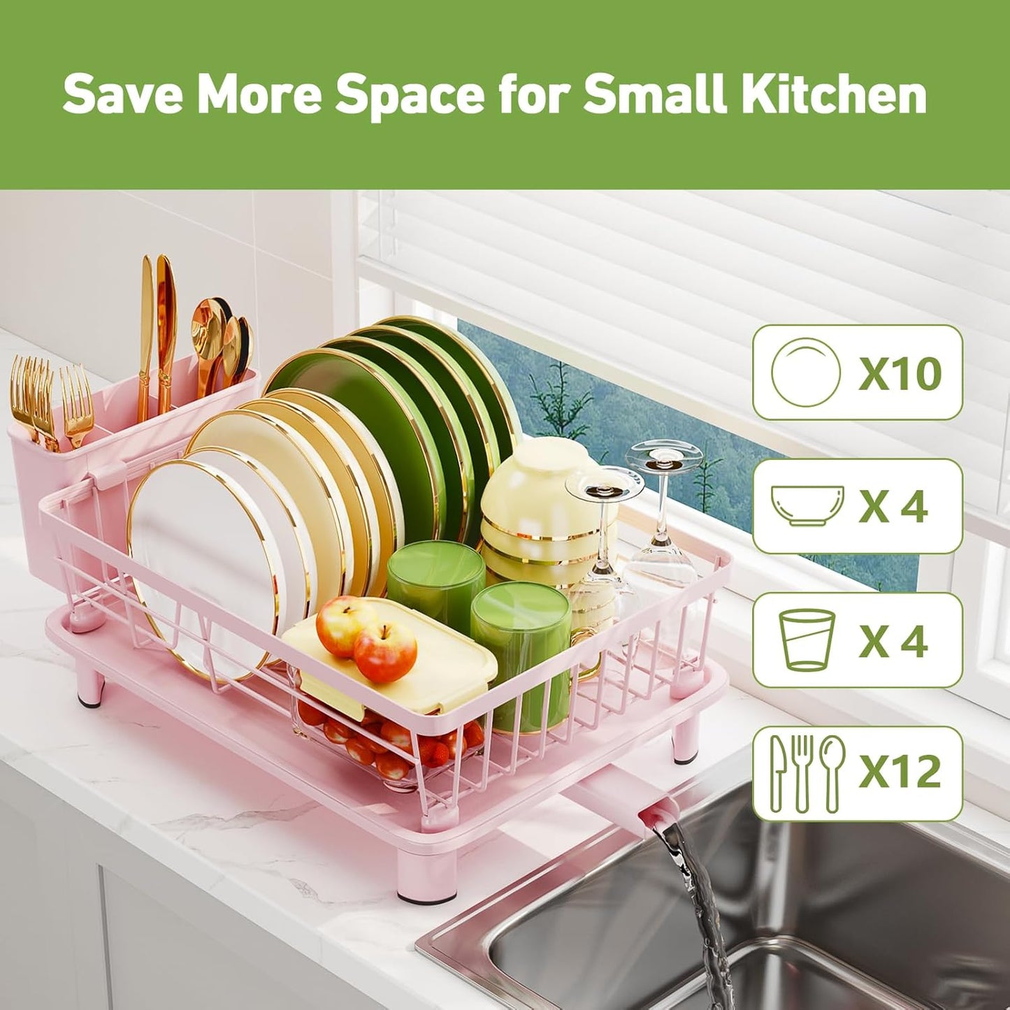Dish Drainer Rack with Drip Tray, Sink Dish Drainer with Drainage Spout
