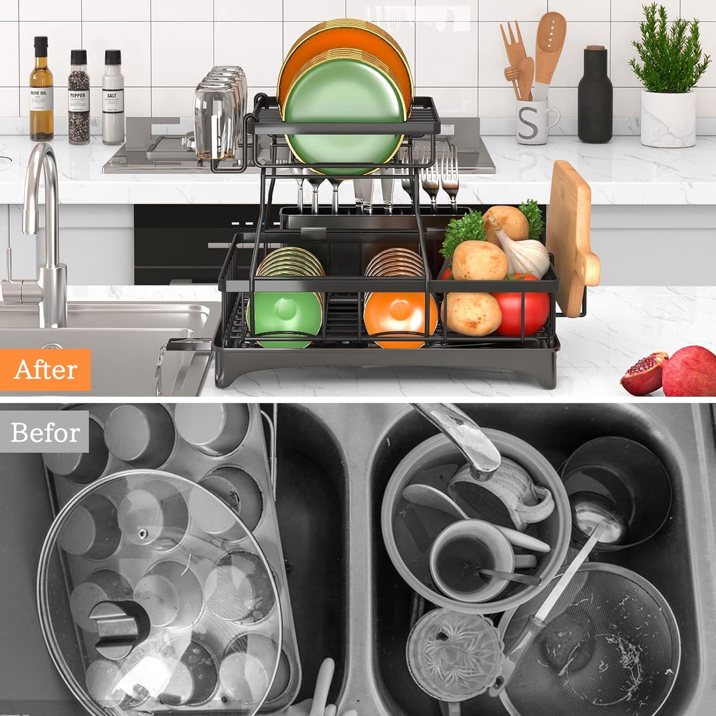 Dish Drying Rack, 2-Tier Dish Rack with Auto-Drain & Mat, Dish Racks for Kitchen Counter