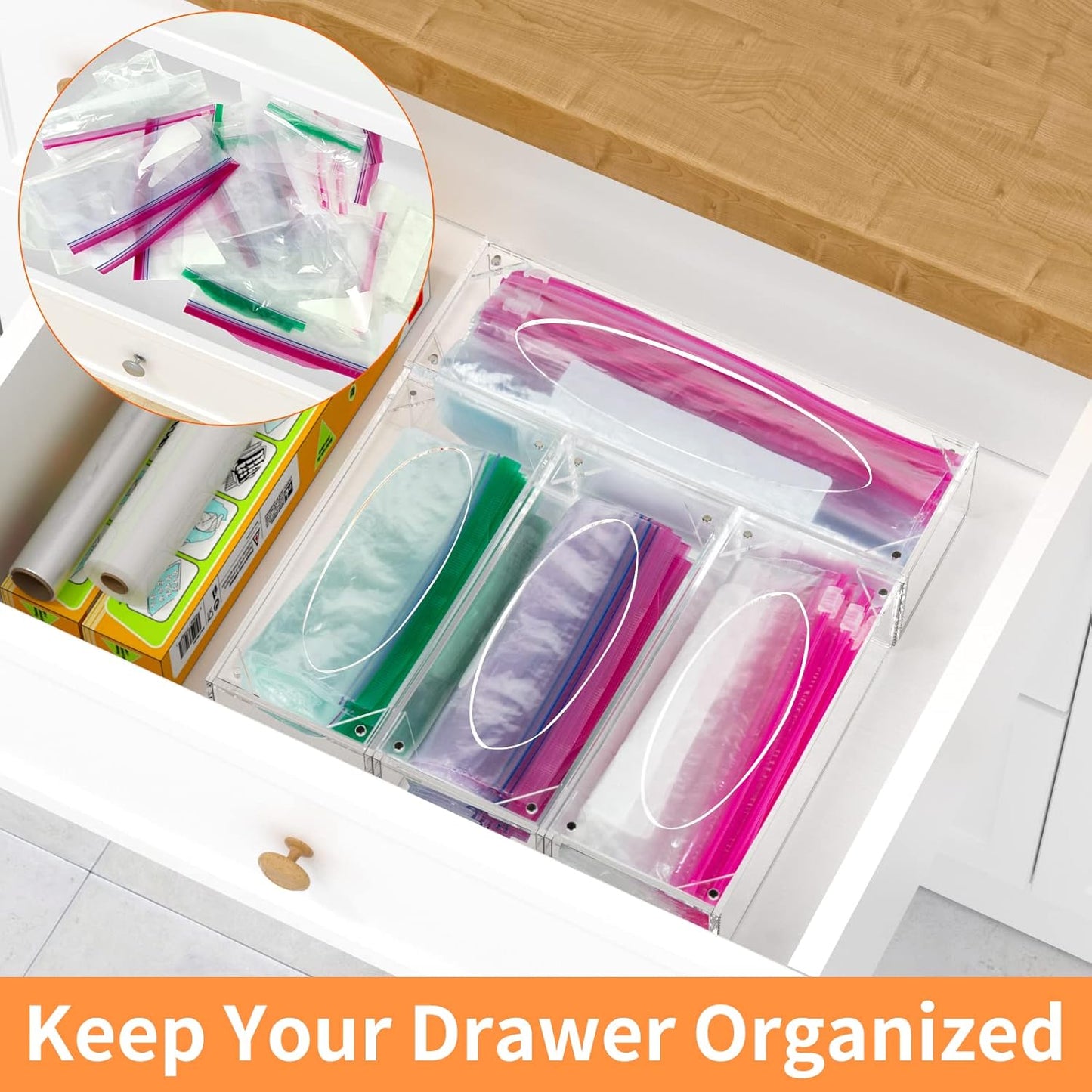 Food Bag Storage Organizer, Acrylic Kitchen Drawer Baggie Box, Compatible with Gallon