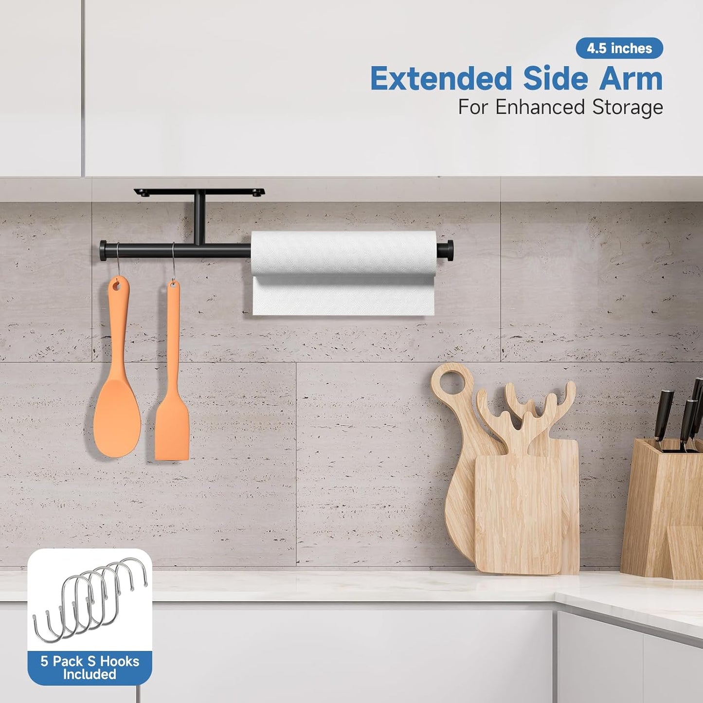 Dual-End Paper Towel Holder Under Cabinet | 4.7in Extended Arm & 5 S-Hooks, Adhesive/Screw Mount